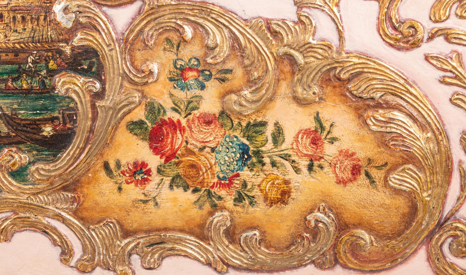 A Venetian Style Painted and Parcel Gilt Transom Panel