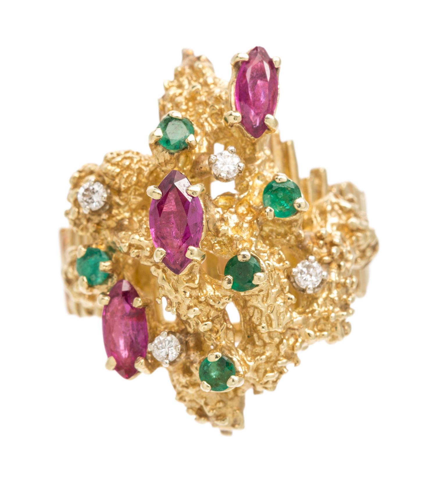 A Yellow Gold, Ruby, Emerald and Diamond Ring, 10.20 dwts.