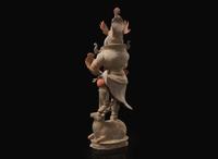 A Chinese painted and parcel-gilt pottery guardian, Tang dynasty 彩繪漆金陶俑天王 唐