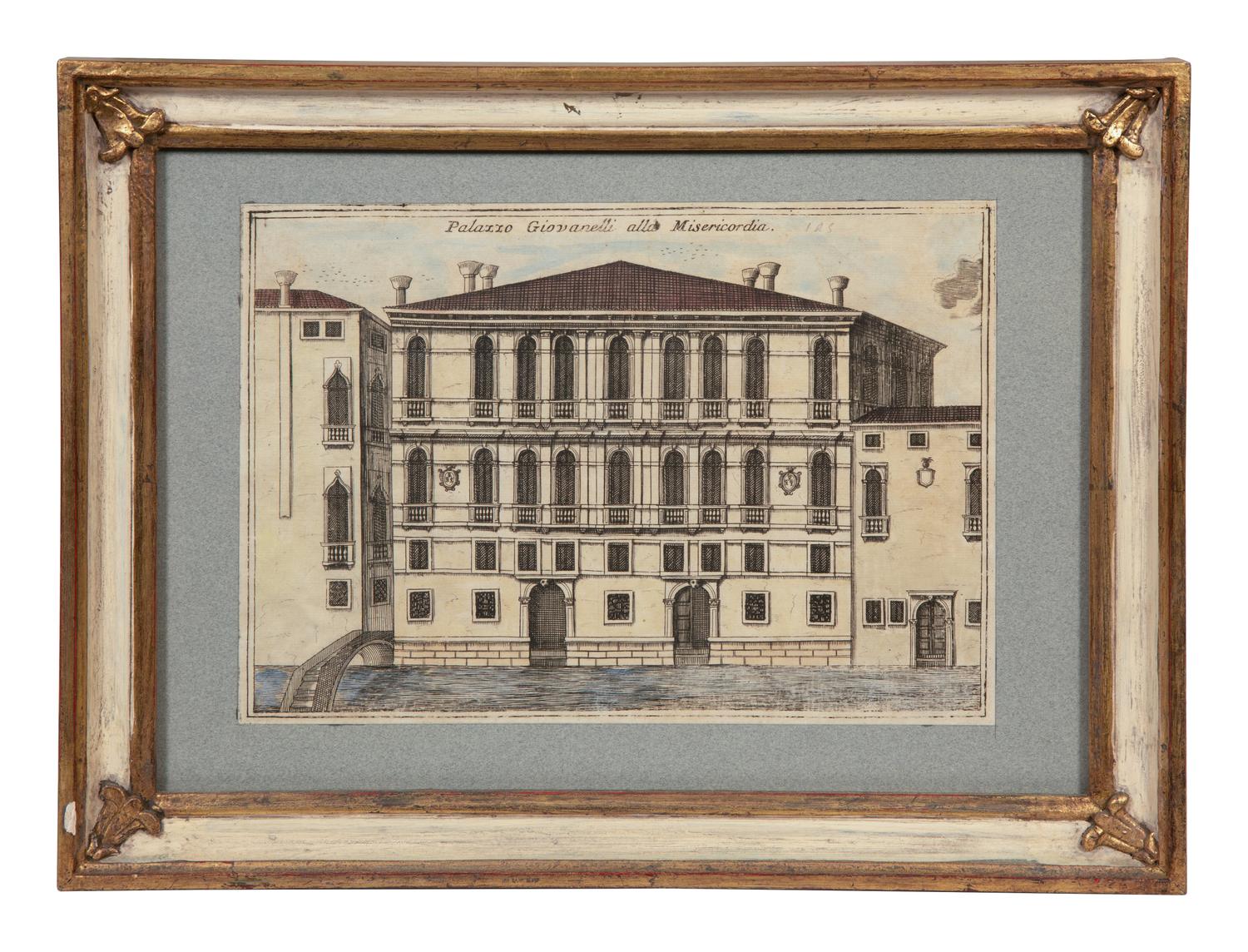 A Set of Nine Italian Hand-Colored Engravings Depicting Venetian Palaces