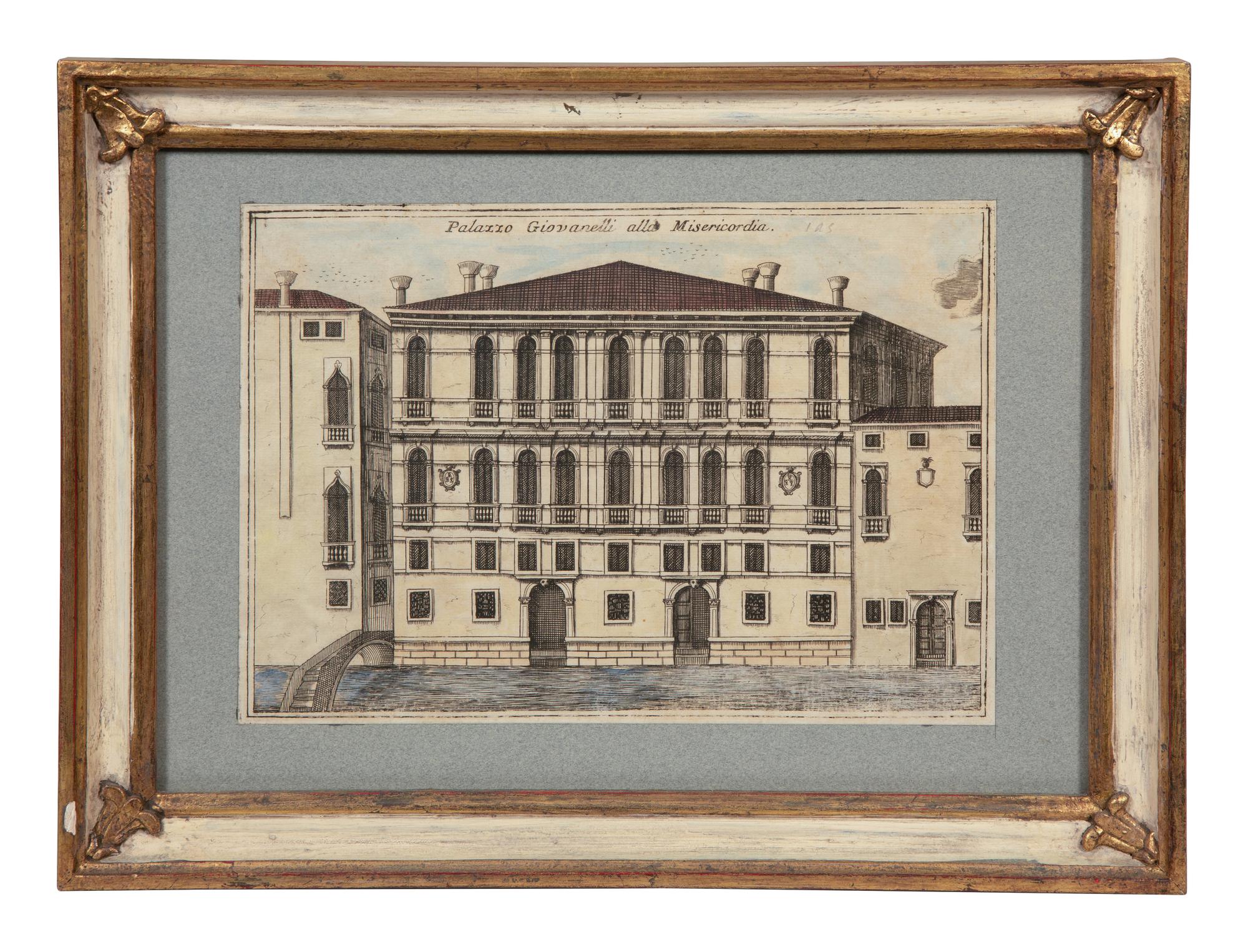 A Set of Nine Italian Hand-Colored Engravings Depicting Venetian Palaces