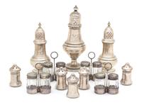 A Collection of Eight American Silver Salts and Peppers, Various Makers, together with four pairs of .800 silver and glass salt and pep