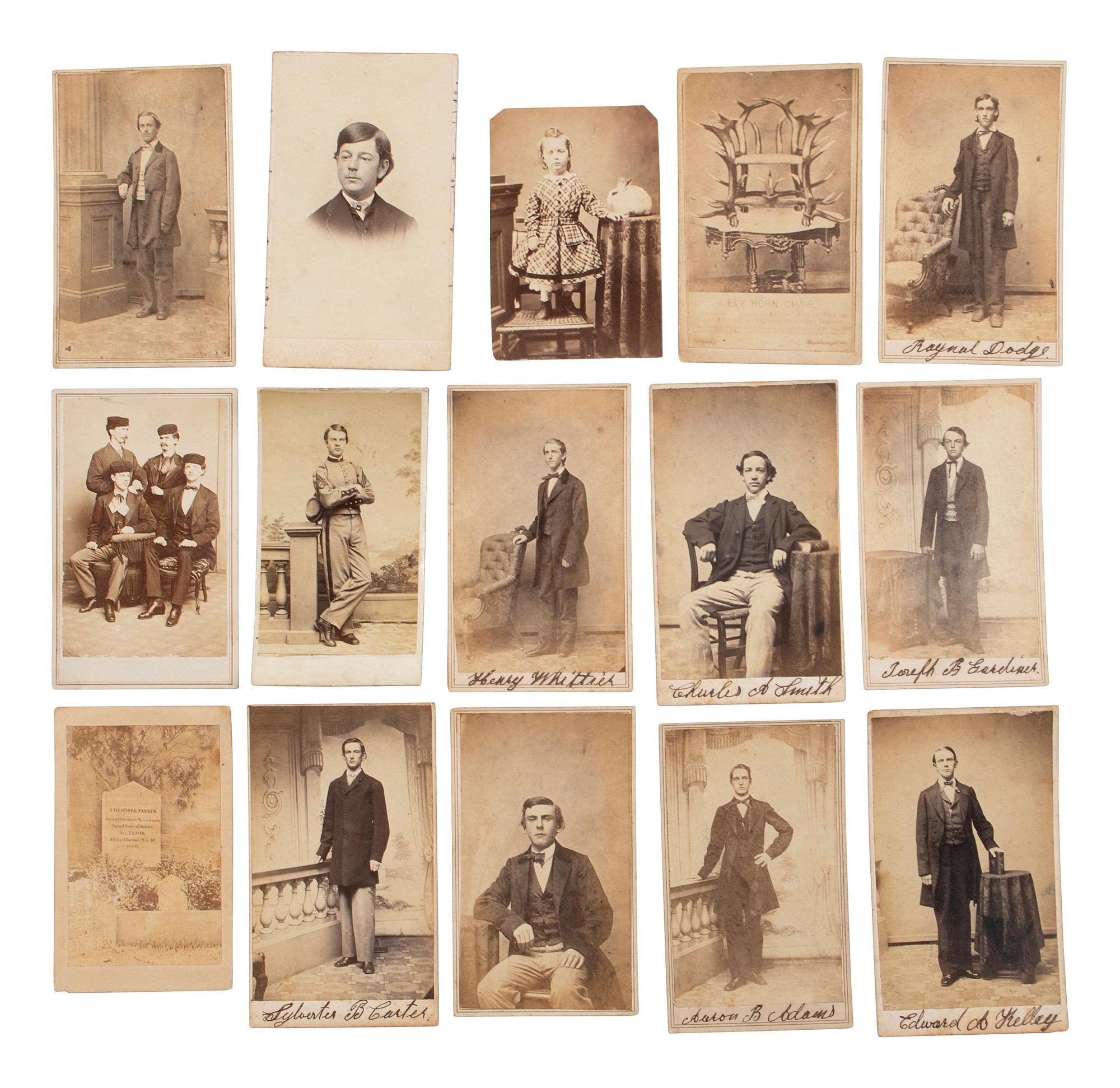 [EARLY PHOTOGRAPHY]. A collection of CDVs, cabinet cards, and real photo postcards, highlighted by a view of Seth Kinman's chair, an occupational view of women at work, views of young men prior to enlisting in the Civil War, and portraiture.
