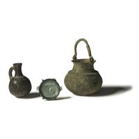 Three Roman Terracotta, Bronze, and Glass Vessels