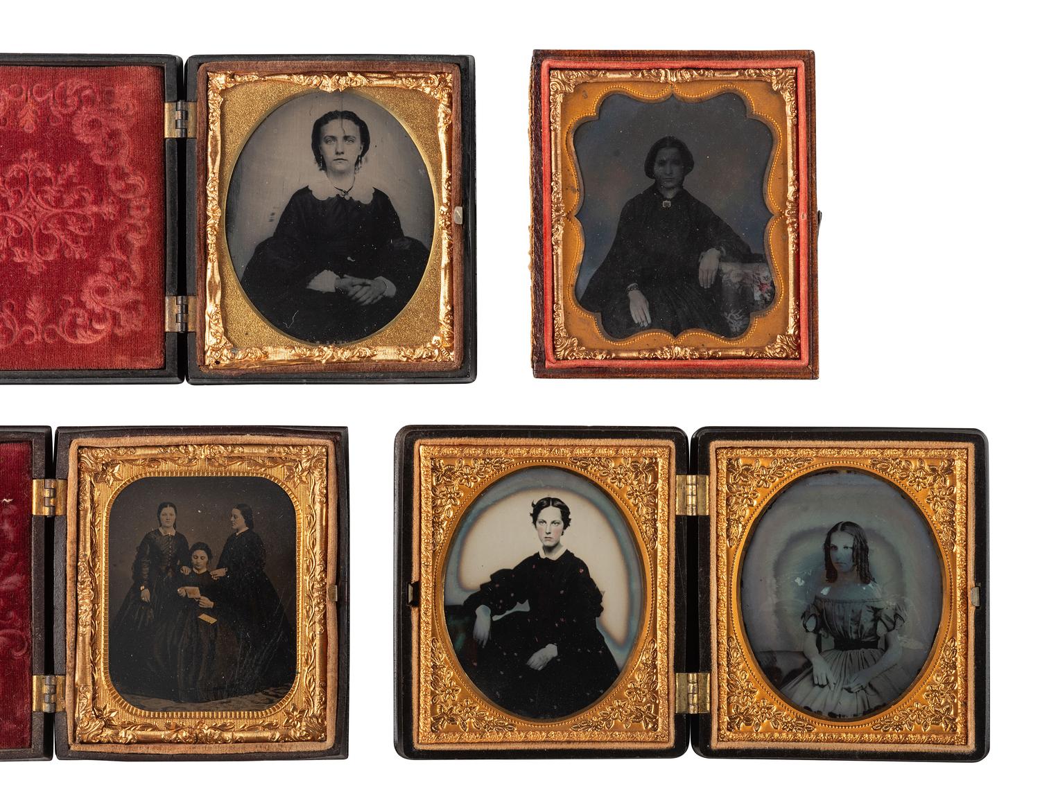 [EARLY PHOTOGRAPHY]. 9 figural, floral, and geometric Union cases containing images of women.
