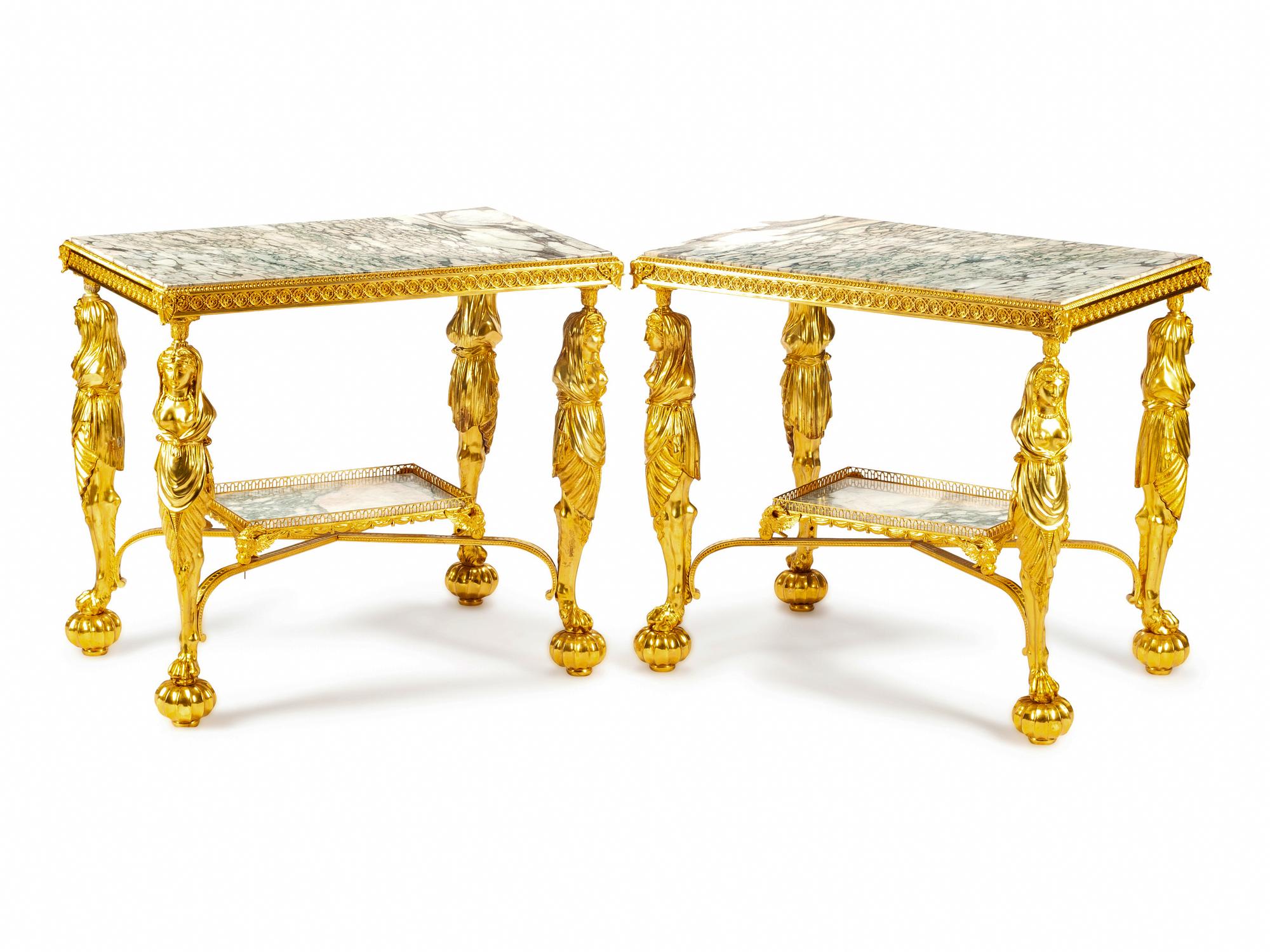 A Pair of Empire Style Gilt Bronze and Marble Side Tables