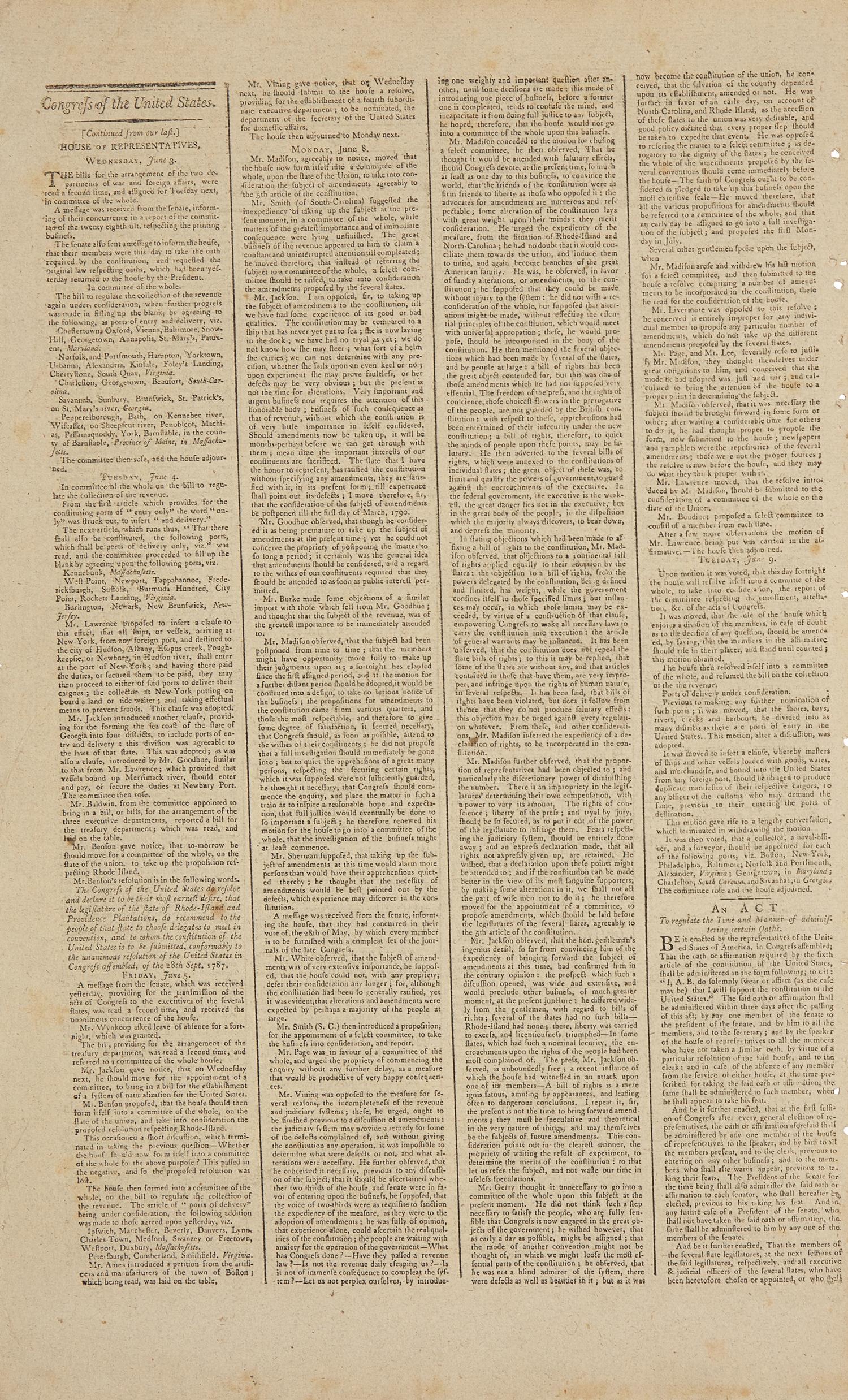 [Bill of Rights] Madison Proposes the Bill of Rights in a Local New York Newspaper