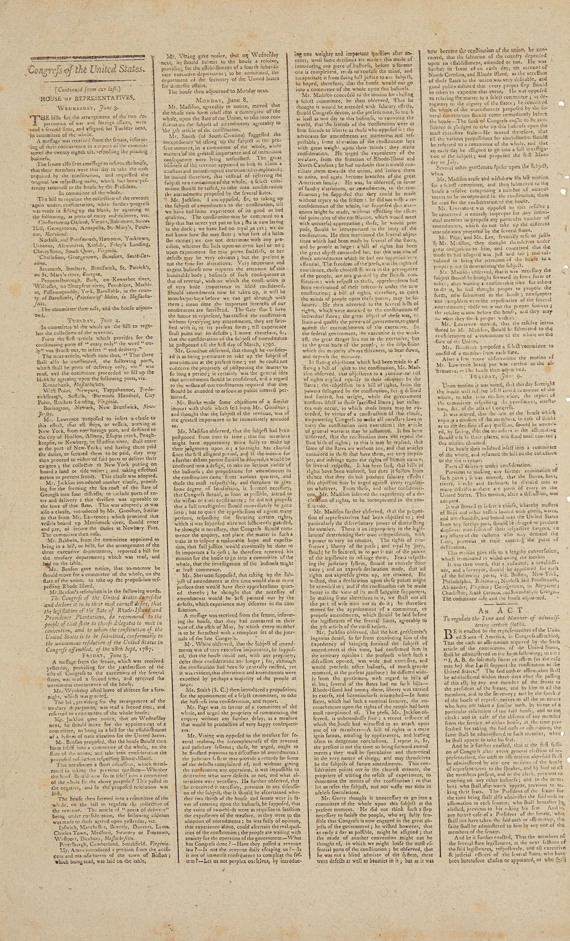 [Bill of Rights] Madison Proposes the Bill of Rights in a Local New York Newspaper