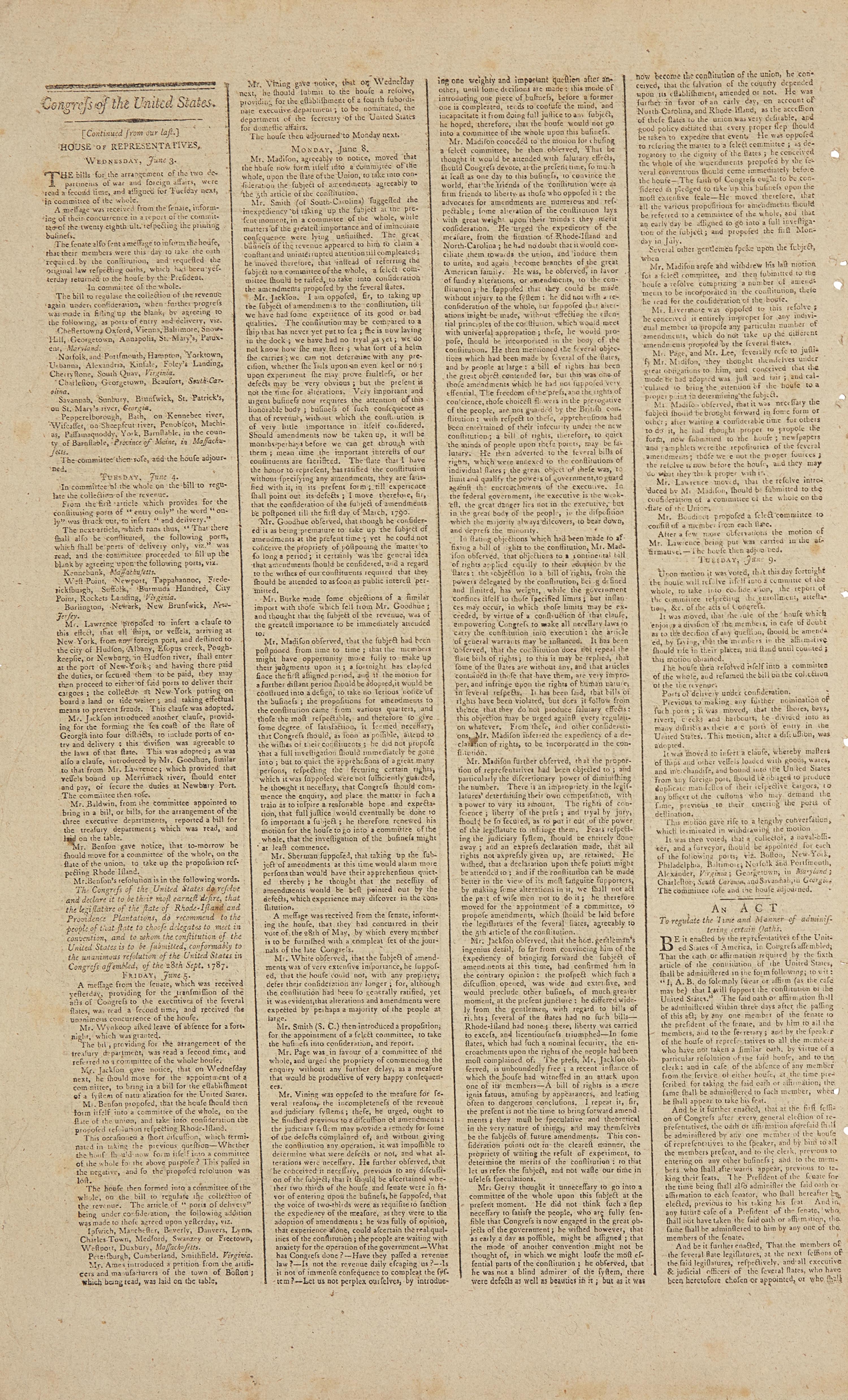 [Bill of Rights] Madison Proposes the Bill of Rights in a Local New York Newspaper