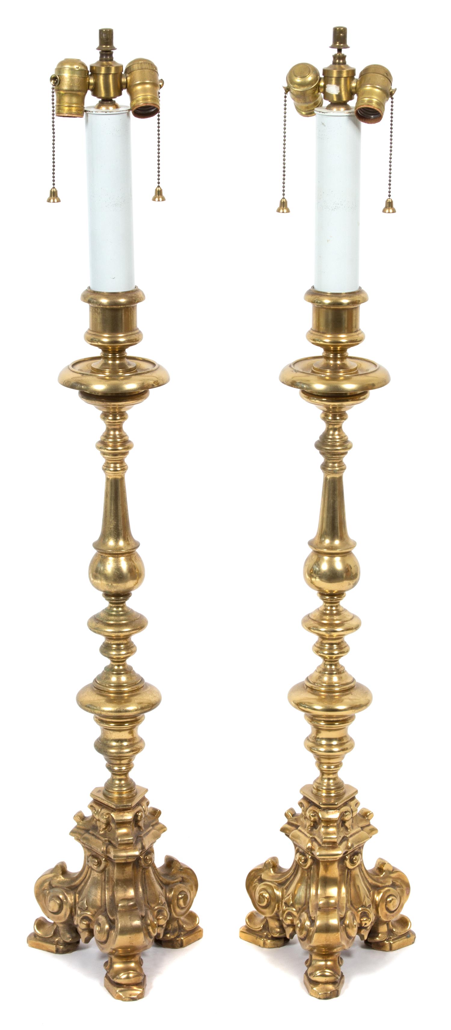 A Pair of Brass Pricket Style Table Lamps Height 44 inches. — 20TH CENTURY