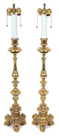 A Pair of Brass Pricket Style Table Lamps Height 44 inches. — 20TH CENTURY
