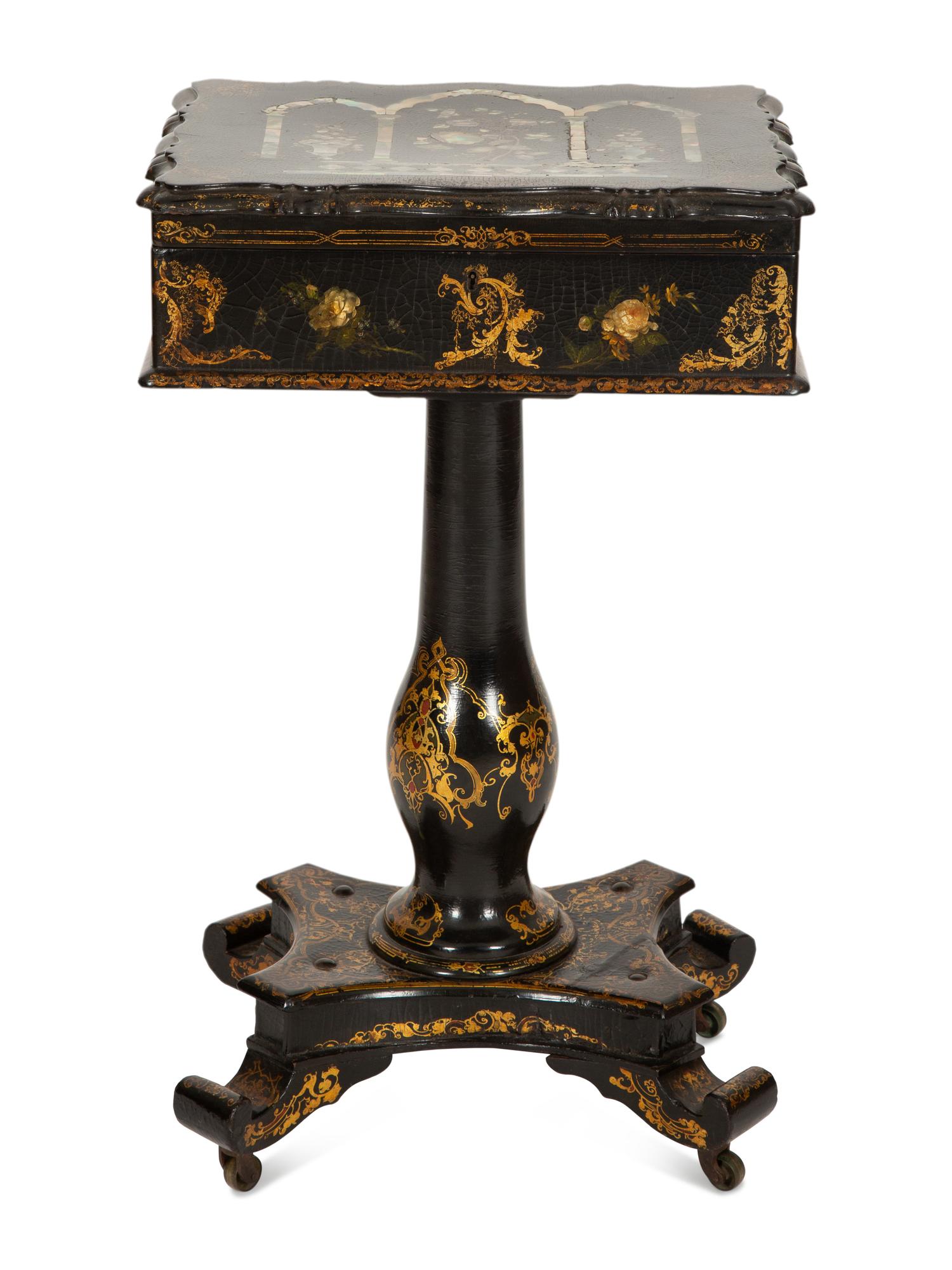 An English Victorian Black and Gilt Chinoiserie Sewing Table with Mother-of-Pearl Inlay