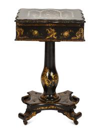 An English Victorian Black and Gilt Chinoiserie Sewing Table with Mother-of-Pearl Inlay