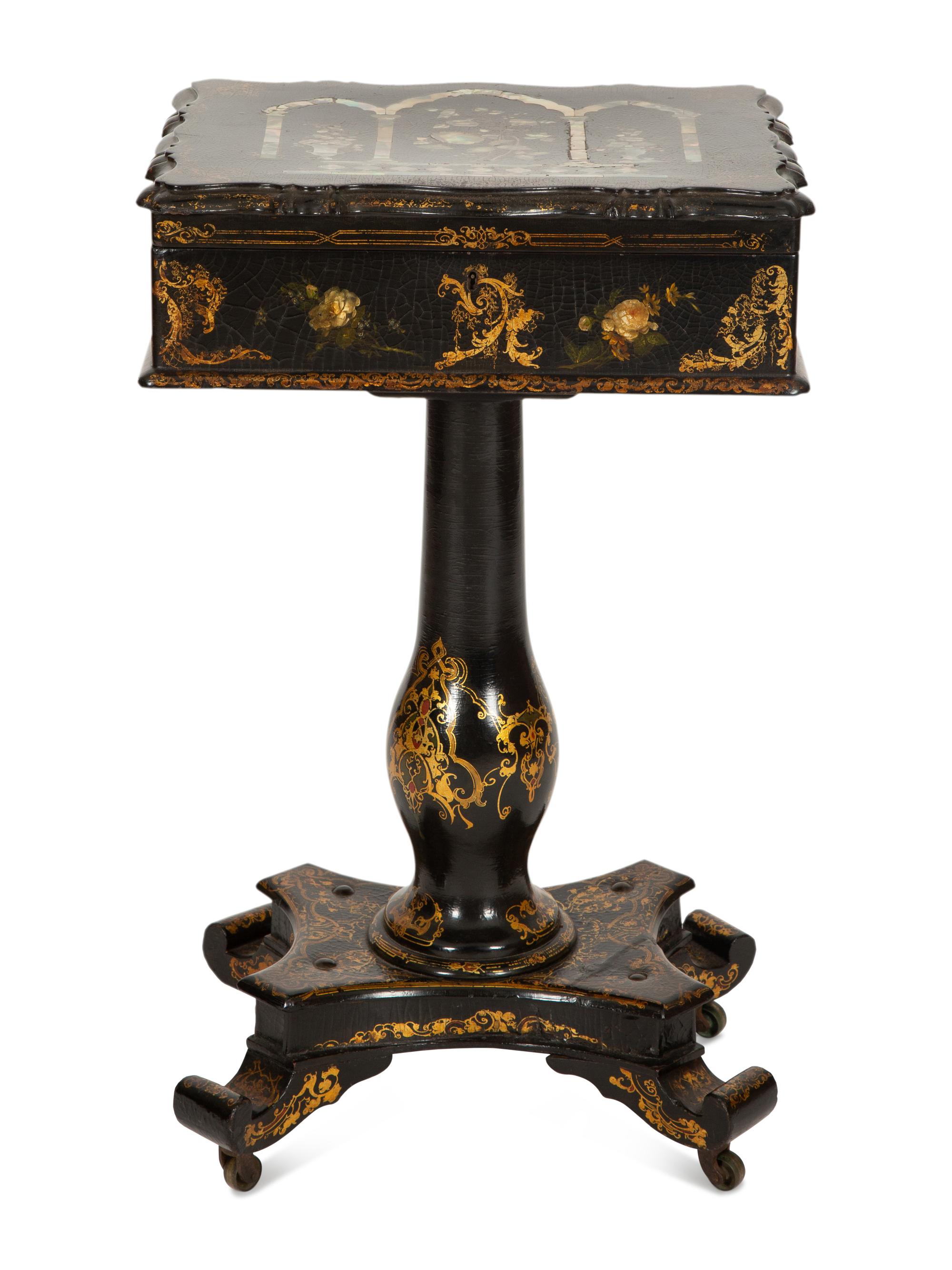An English Victorian Black and Gilt Chinoiserie Sewing Table with Mother-of-Pearl Inlay
