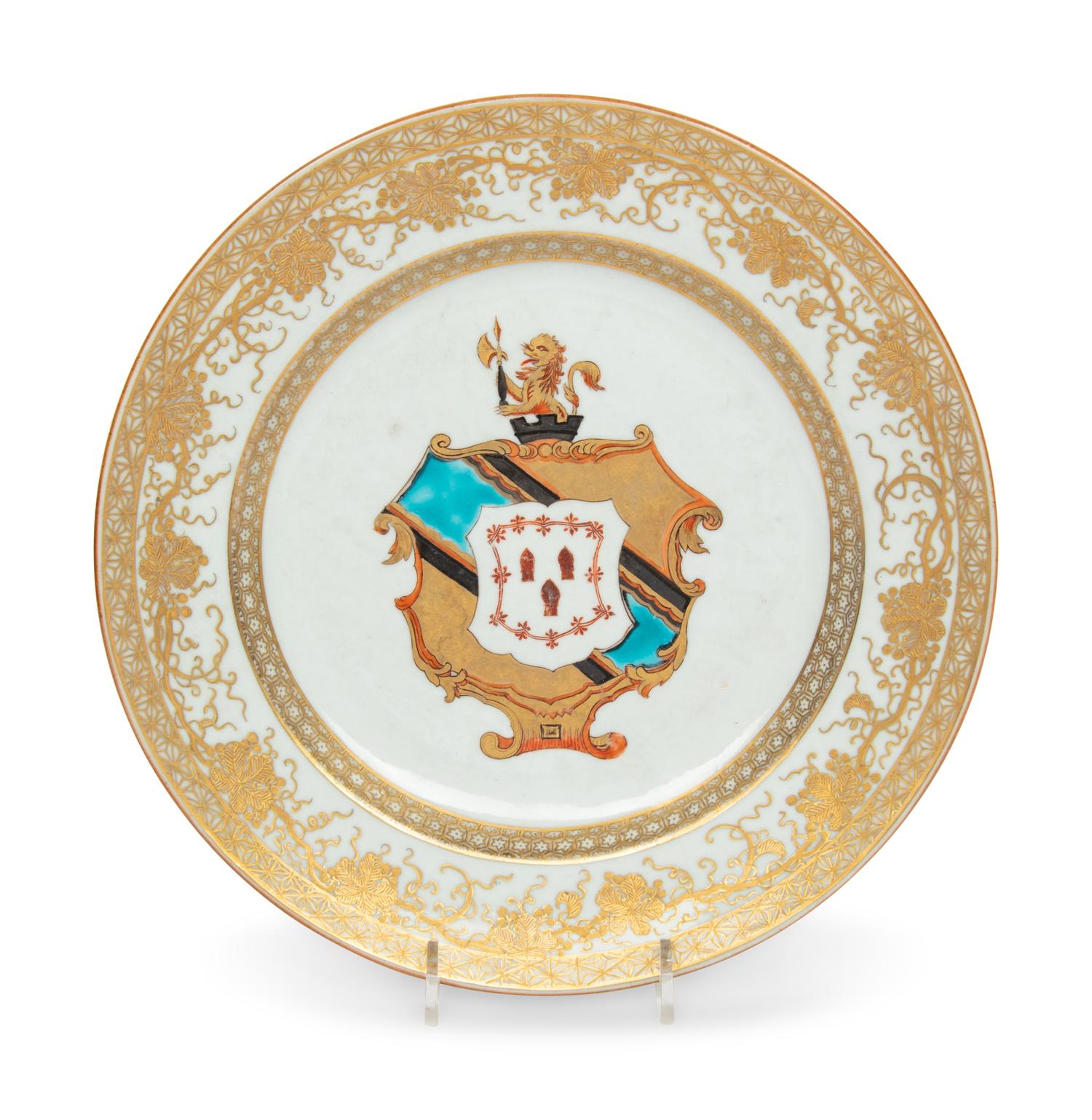 A Chinese Export Porcelain Parcel-Gilt Armorial Plate
