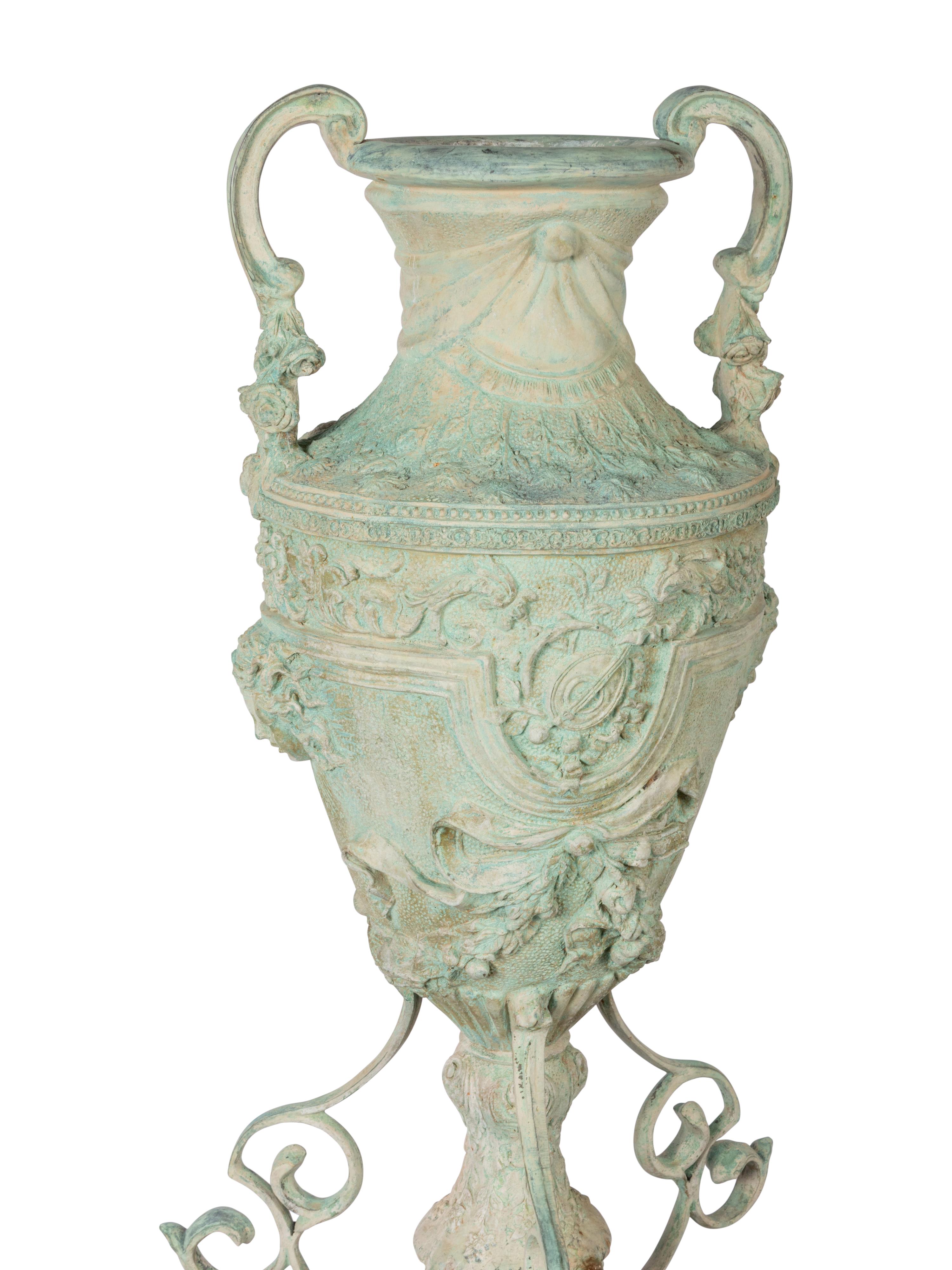 A Pair of Neoclassical Style Patinated Cast Metal or Bronze Urns