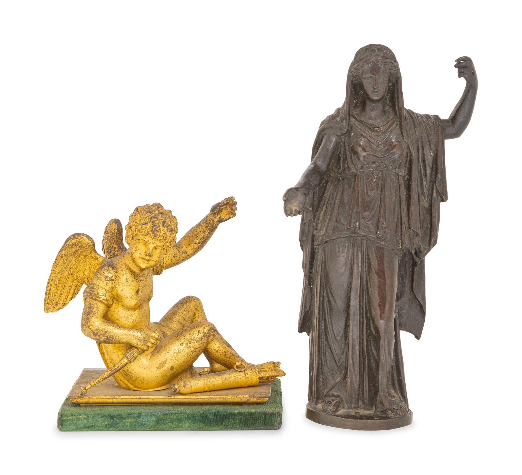 A Continental Gilt Bronze Figure of Cupid and a Bronze Figural Mount