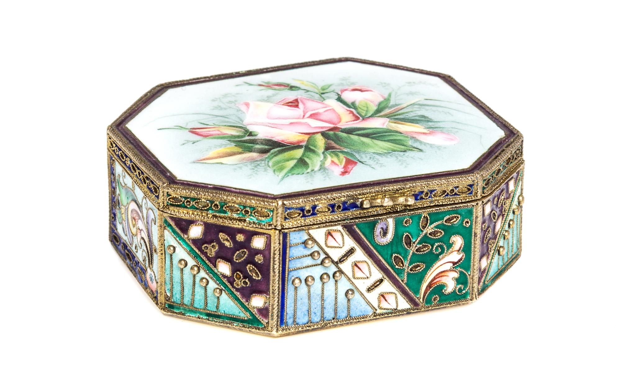 A Russian Enameled Gilt-Silver Box, Konstantin Skvortsov, Moscow, 1908-1926, of elongated octagonal form, the lid centered with a rose.
