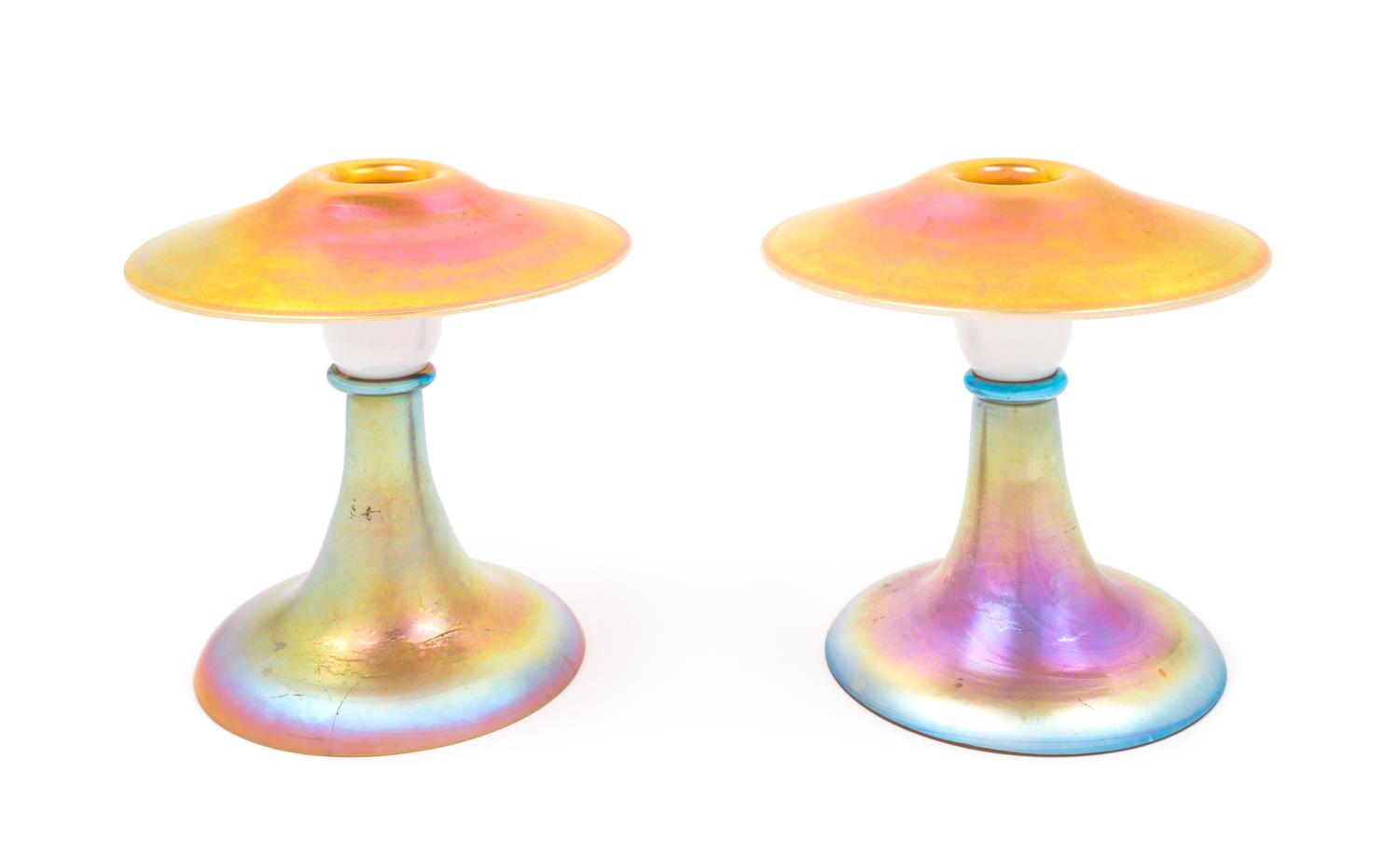 Steuben, FIRST HALF 20TH CENTURY, a pair of Calcite glass candlestick bases