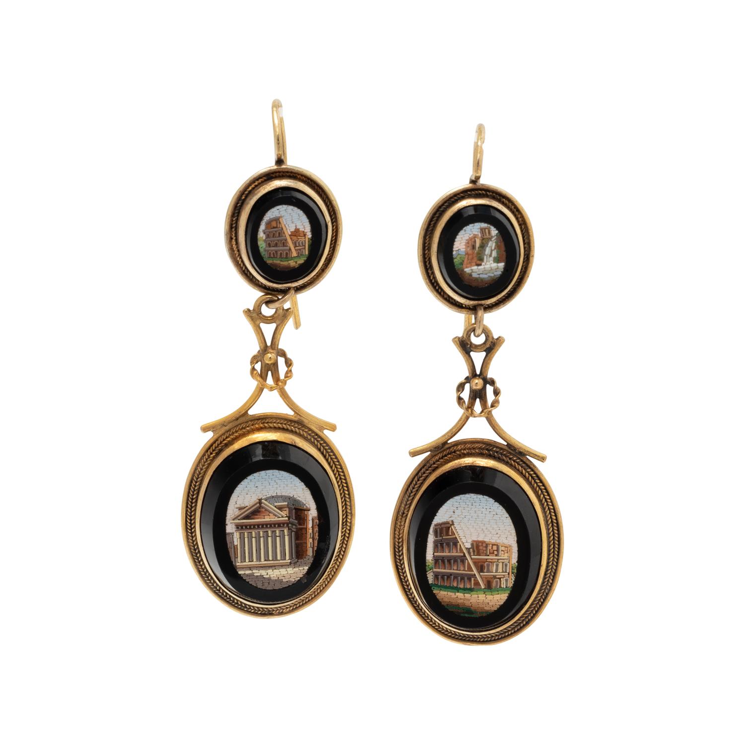 VICTORIAN, YELLOW GOLD AND MICROMOSAIC GRAND TOUR EARRINGS