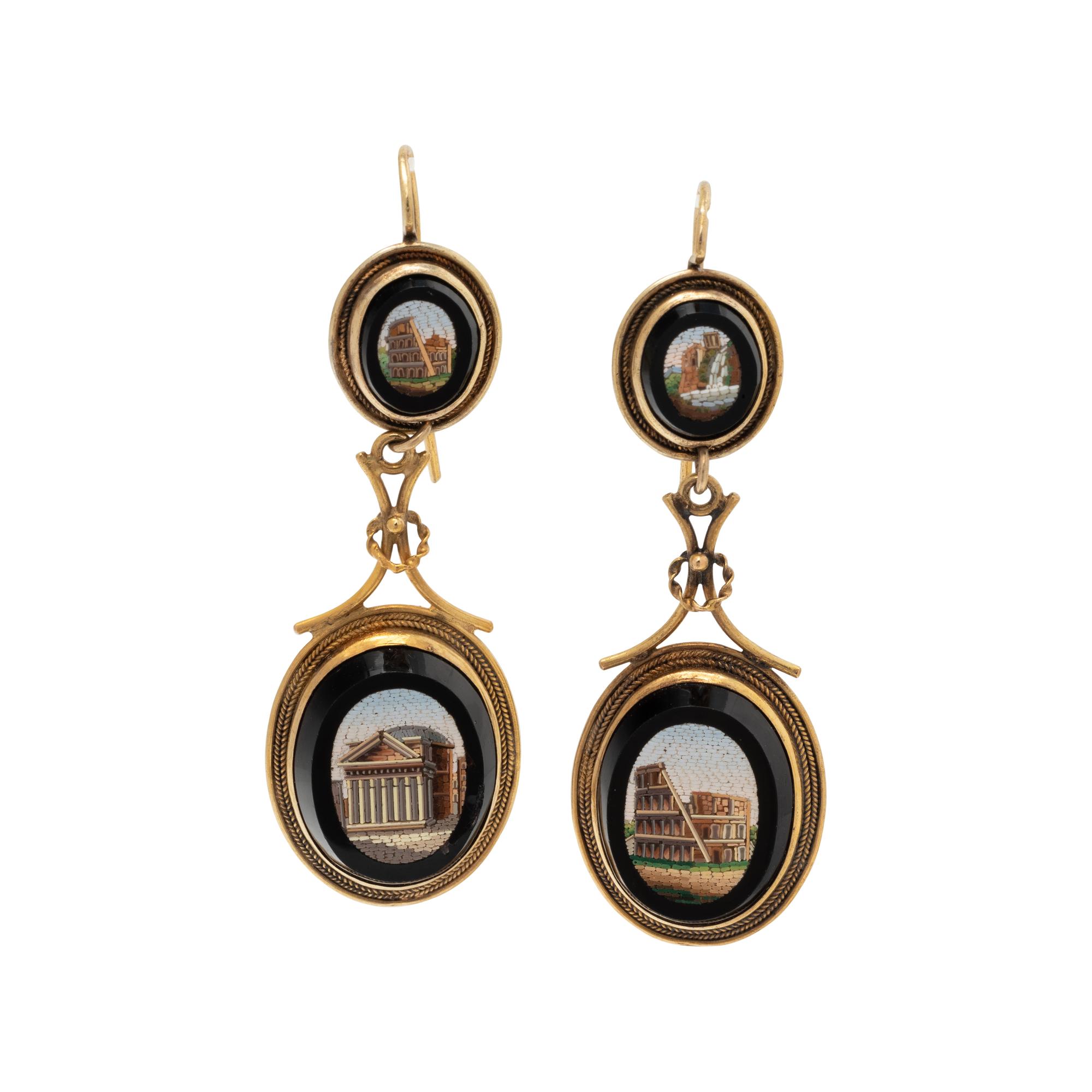 VICTORIAN, YELLOW GOLD AND MICROMOSAIC GRAND TOUR EARRINGS