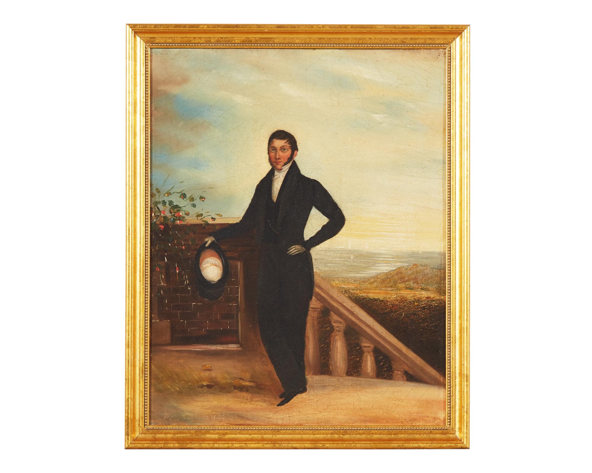Anglo-American School 19th century, Small Portrait of a Man Holding Top Hat