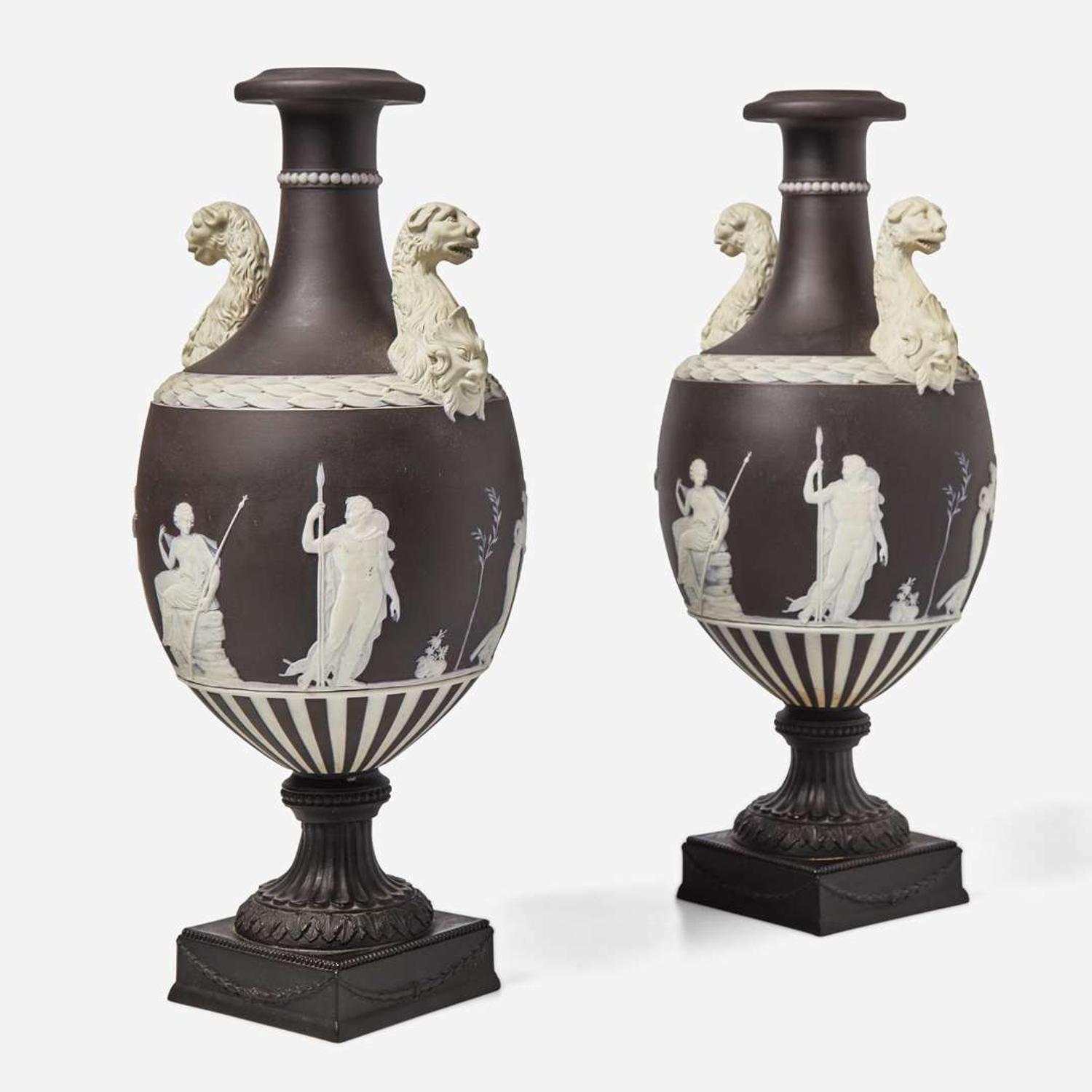 A Pair of Wedgwood Black Dip Jasperware and Black Basalt "Panther" Vases UK, late 19th century
