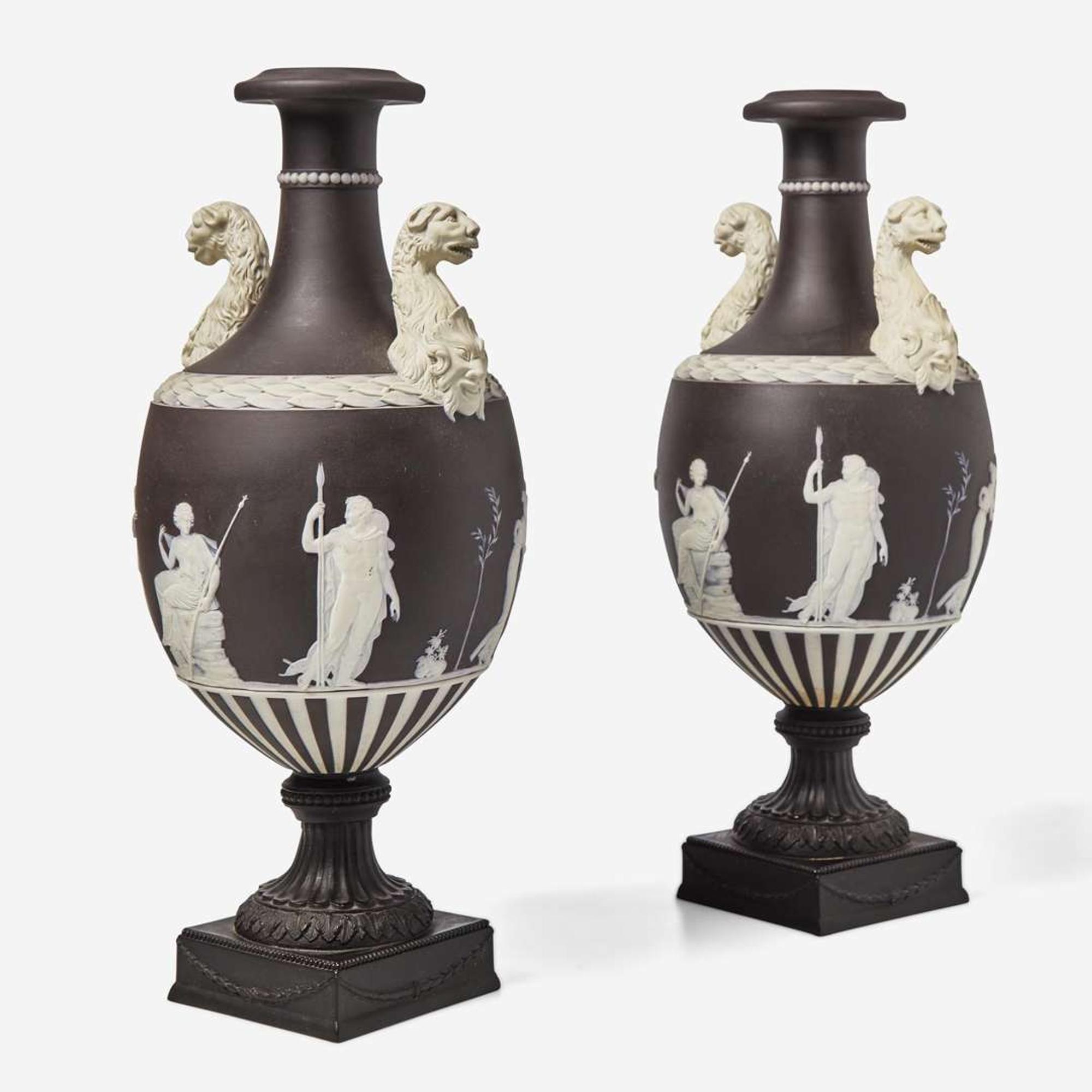 A Pair of Wedgwood Black Dip Jasperware and Black Basalt "Panther" Vases UK, late 19th century
