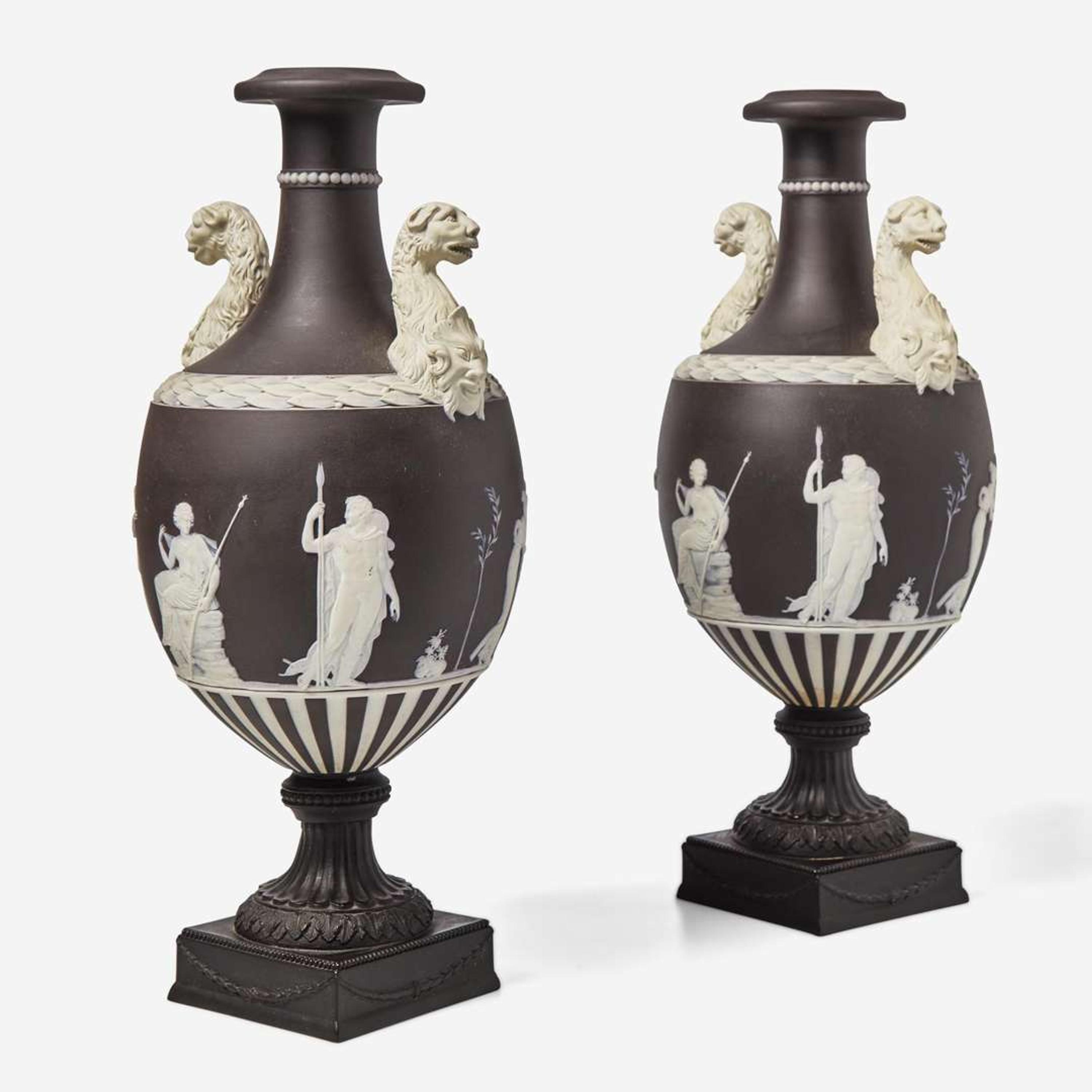 A Pair of Wedgwood Black Dip Jasperware and Black Basalt "Panther" Vases UK, late 19th century