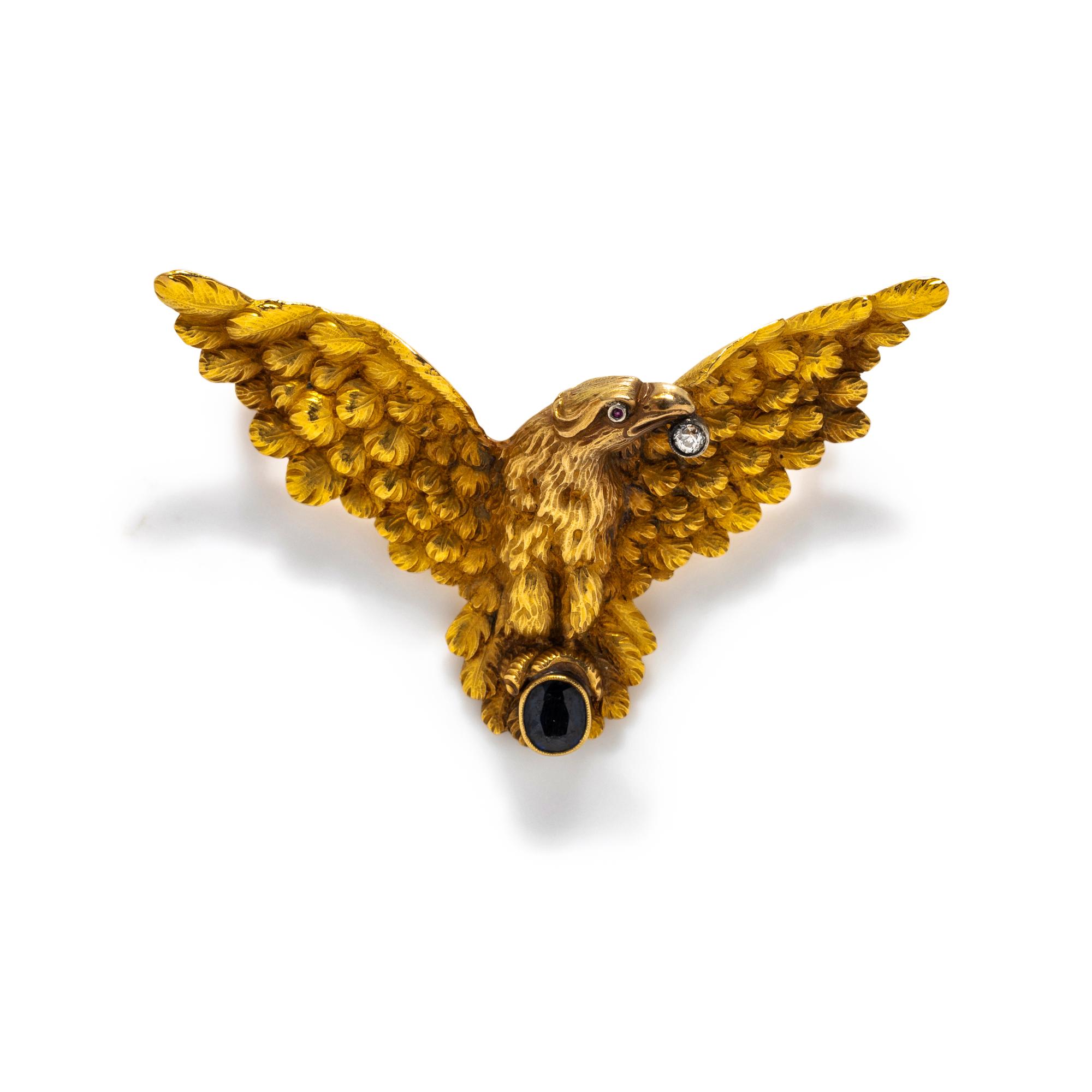 YELLOW GOLD, SAPPHIRE AND DIAMOND EAGLE BROOCH