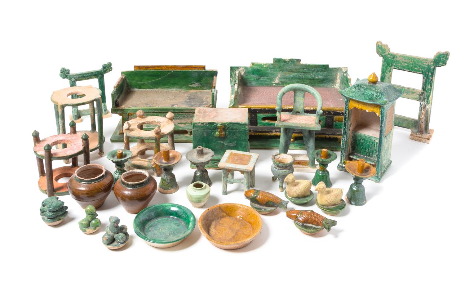 A Large Chinese Sancai Glazed Pottery Funerary Set Height of tallest 19 1/2 inches. — MING DYNASTY