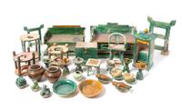A Large Chinese Sancai Glazed Pottery Funerary Set Height of tallest 19 1/2 inches. — MING DYNASTY