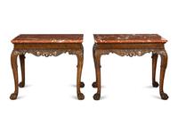 A Pair of Chippendale Style Mahogany and Rojo Alicante Marble Console Tables