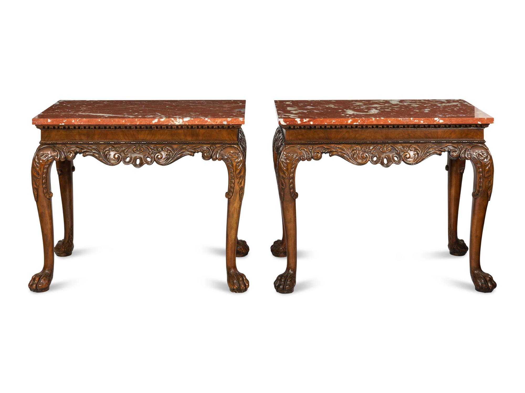 A Pair of Chippendale Style Mahogany and Rojo Alicante Marble Console Tables
