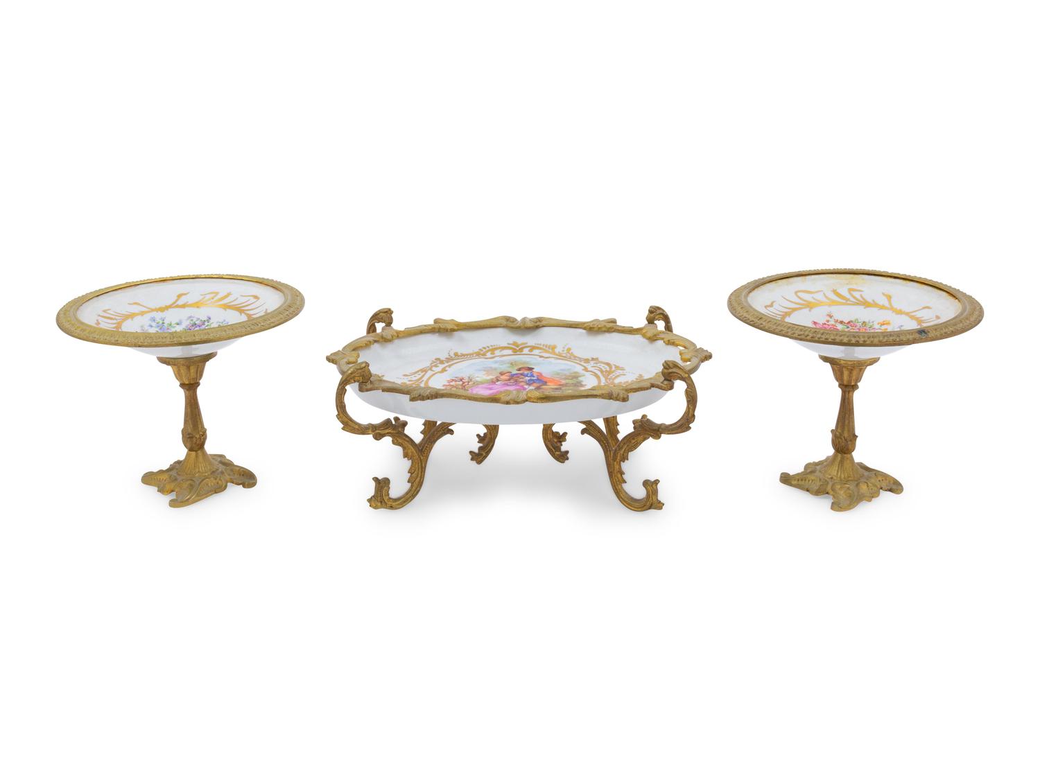An Assembled Sevres Style Gilt Metal Mounted Porcelain Three-Piece Garniture
