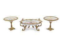 An Assembled Sevres Style Gilt Metal Mounted Porcelain Three-Piece Garniture