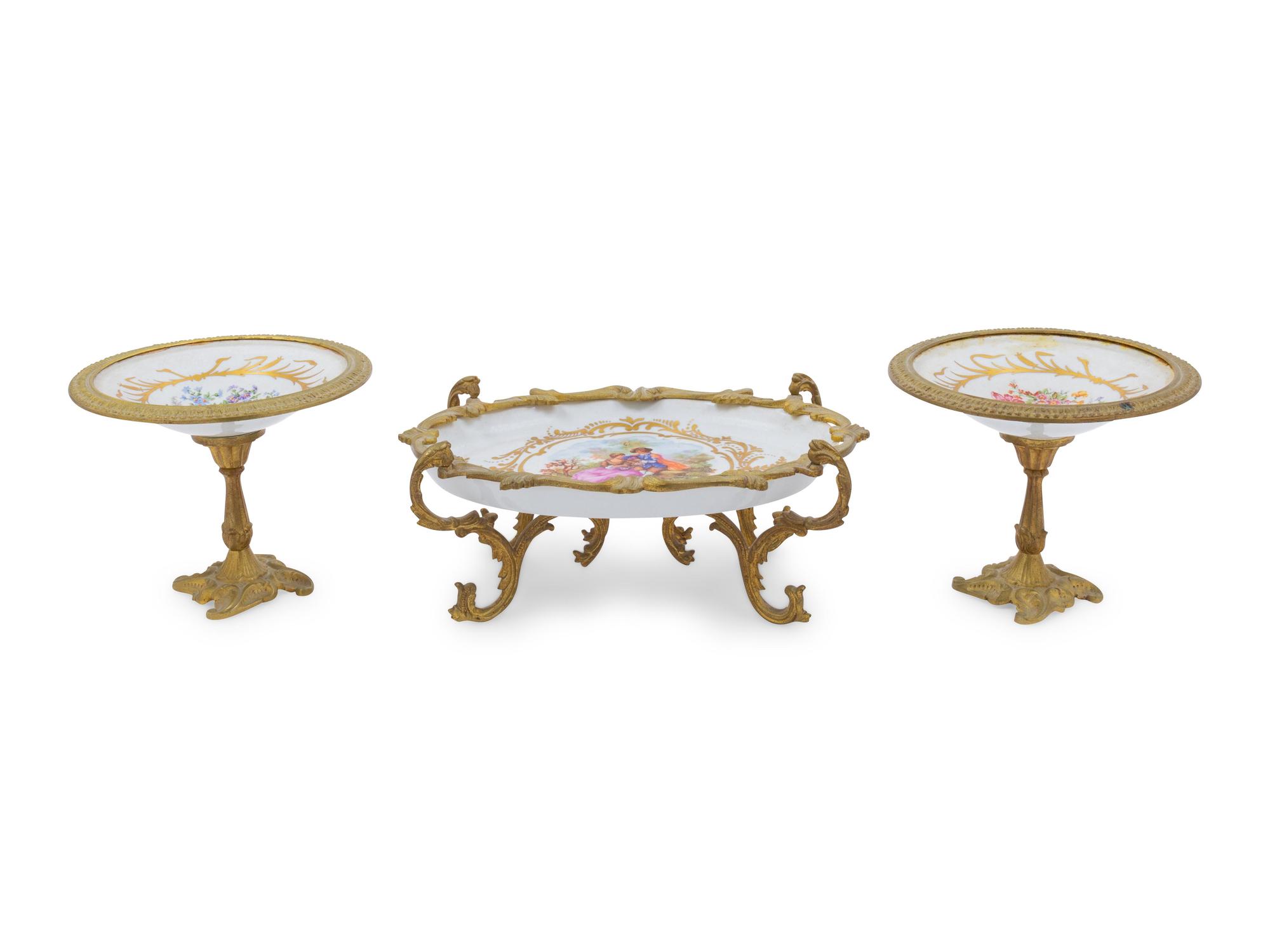 An Assembled Sevres Style Gilt Metal Mounted Porcelain Three-Piece Garniture