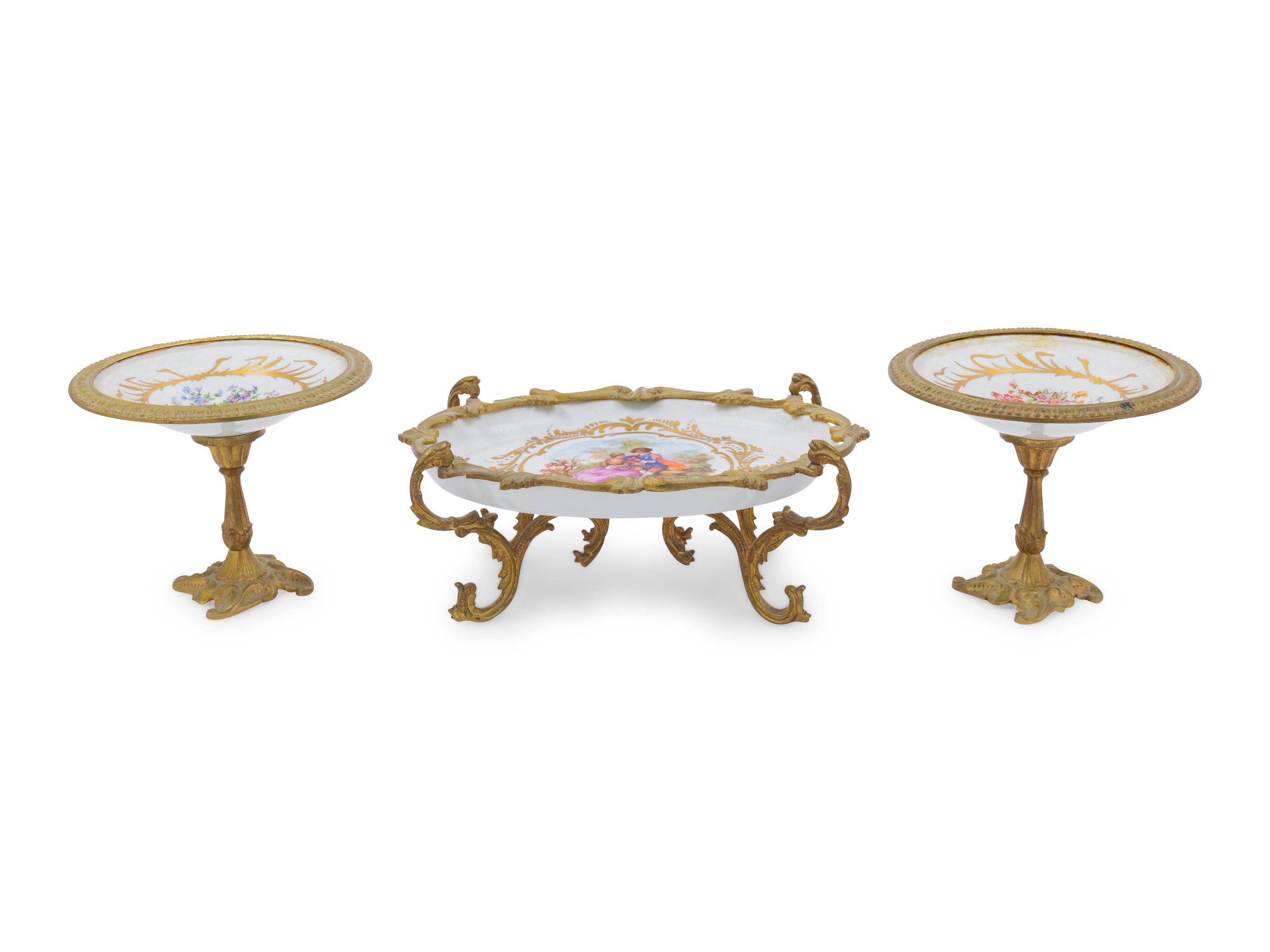 An Assembled Sevres Style Gilt Metal Mounted Porcelain Three-Piece Garniture