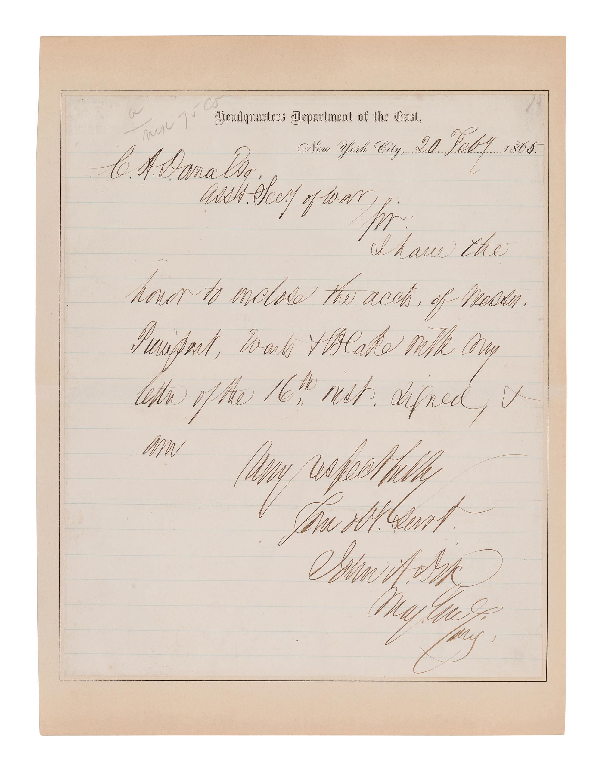 [CIVIL WAR] DIX, John A. (1798-1879). 2 items, incl. letter signed by Maj. Gen. Dix & scarce CDV.