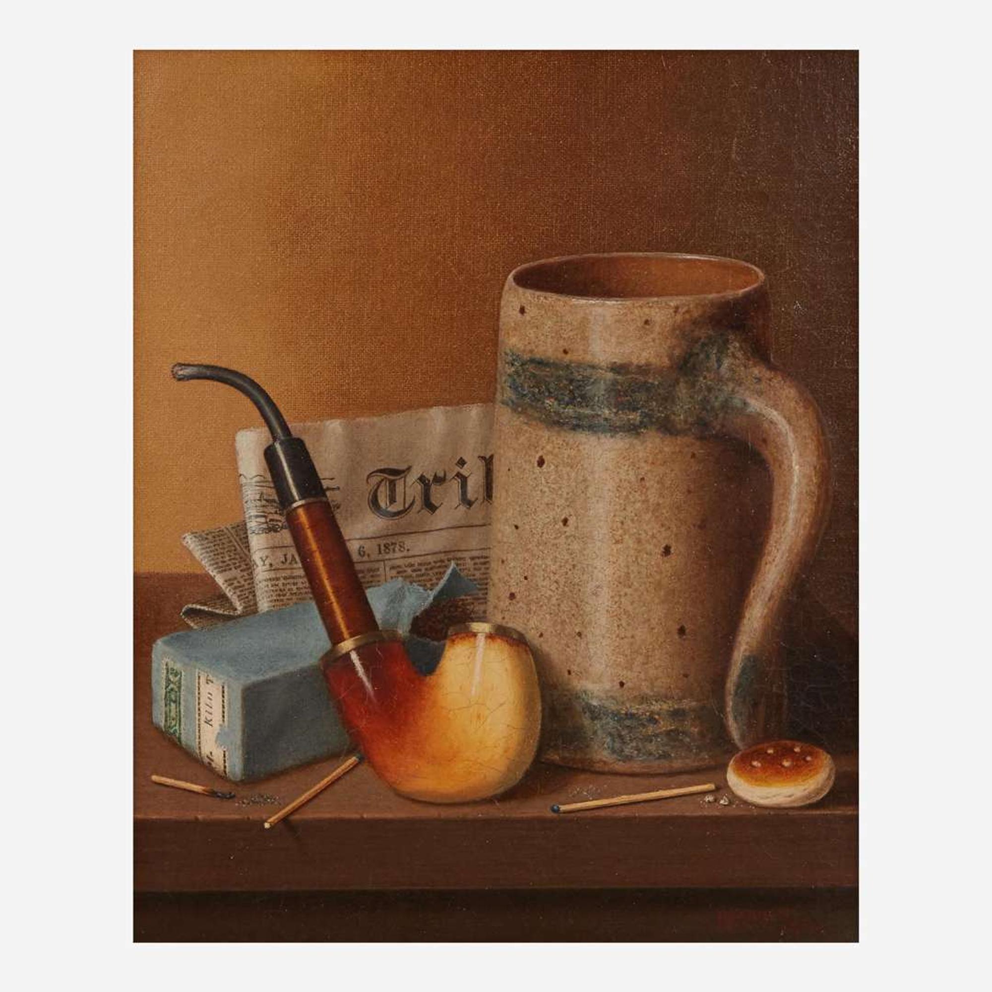 William Michael Harnett (American, 1848–1892) Still Life with New York Tribune, Beer Stein, Pipe and Tobacco