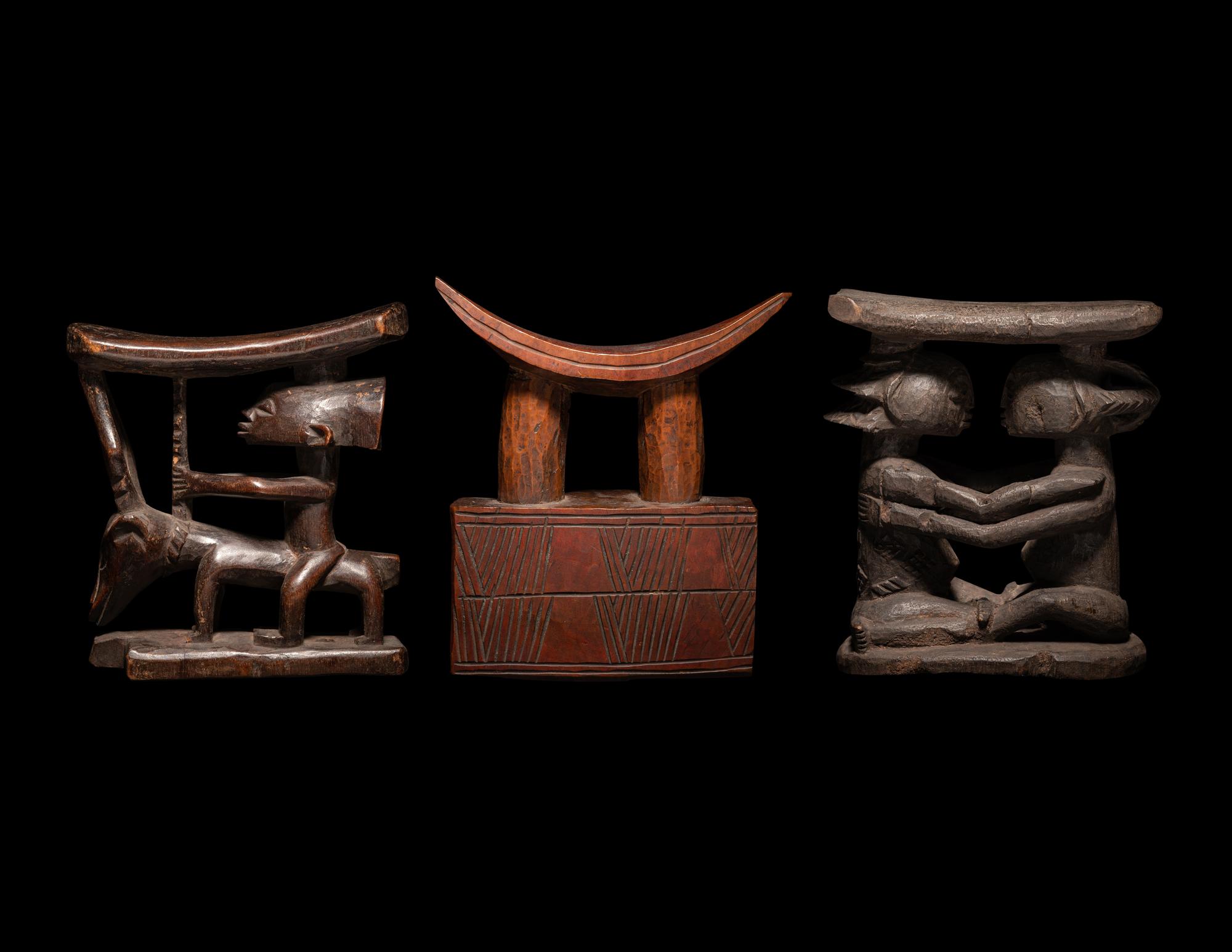 Three African Wood Headrests