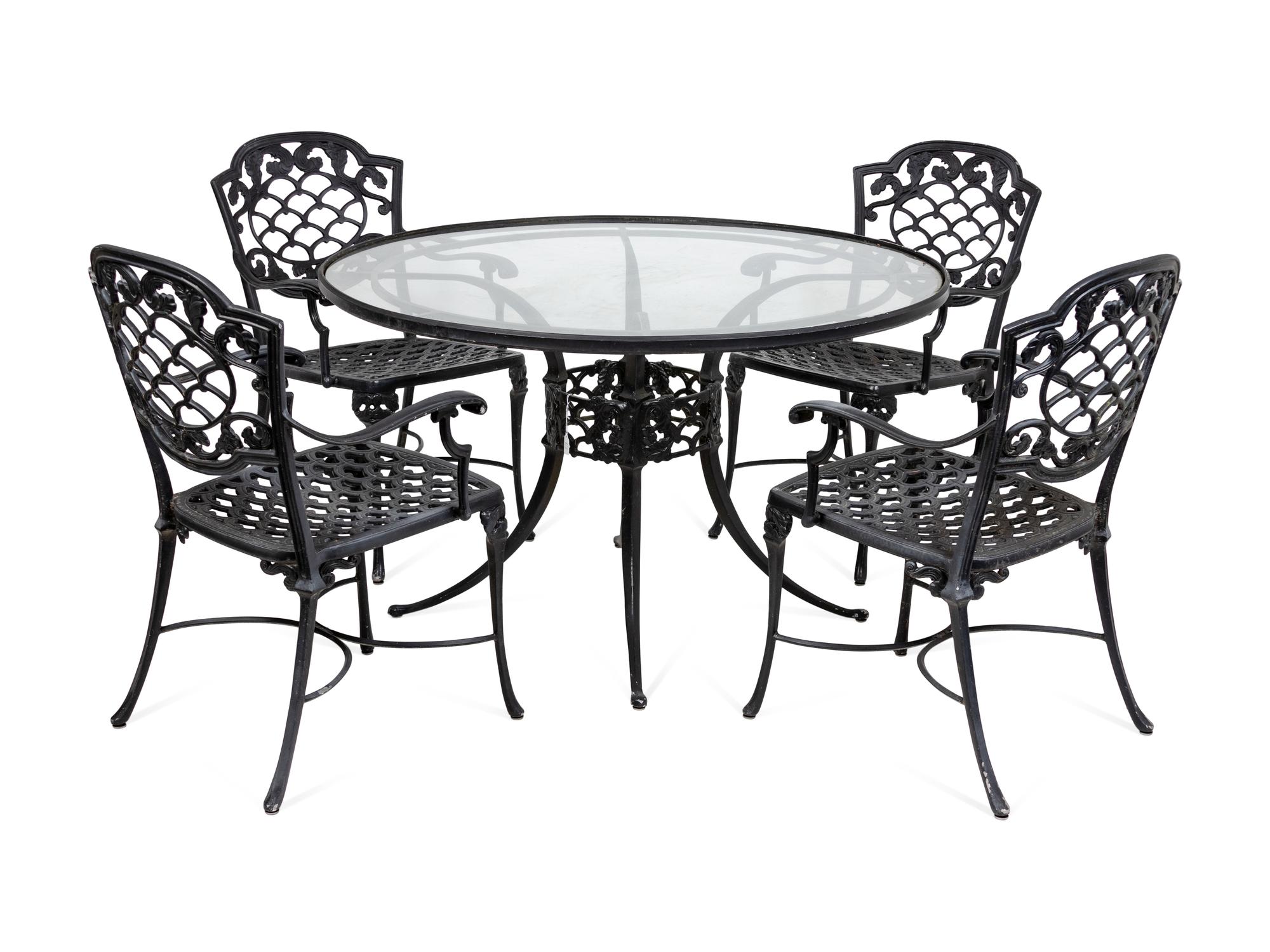 A Black Painted Metal Garden Table and Chairs