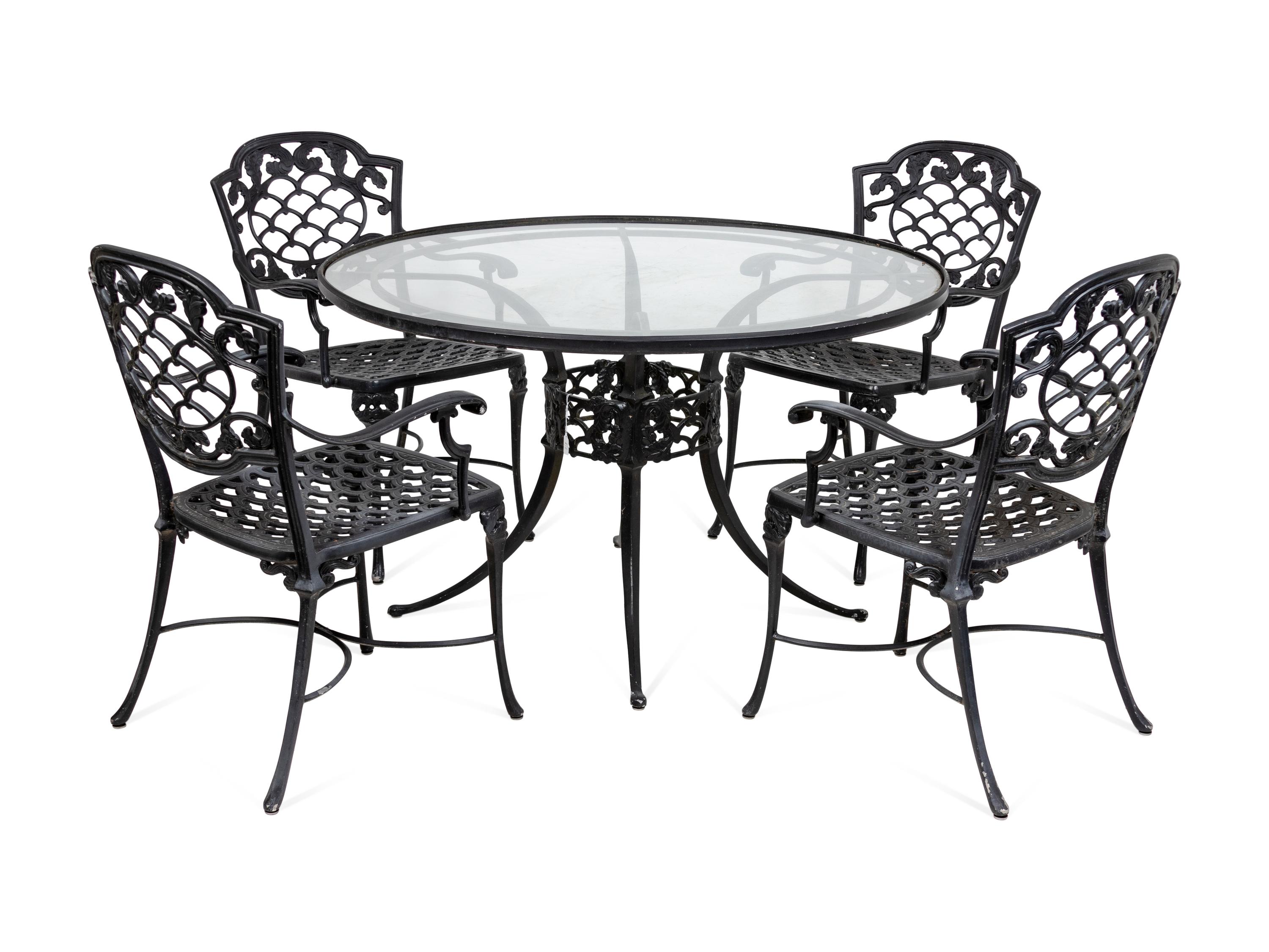 A Black Painted Metal Garden Table and Chairs