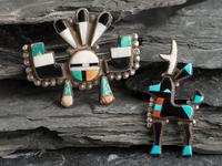Zuni Mosaic Inlay Sun Face and Deer/Antelope Pin