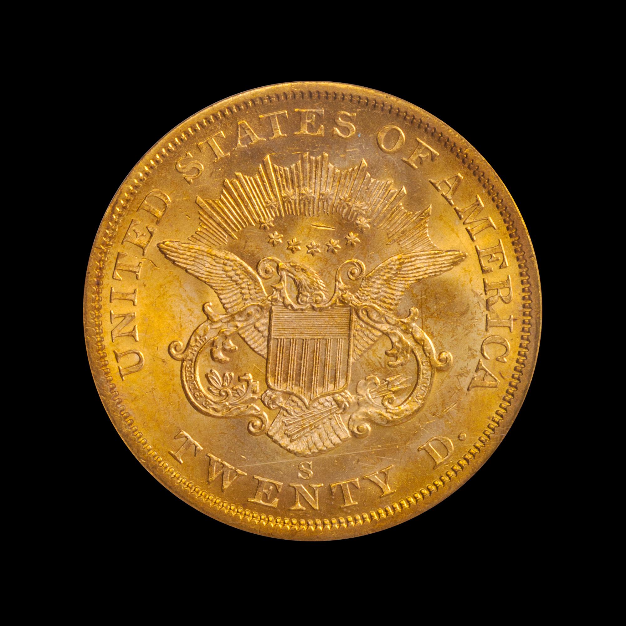 A United States 1857-S Liberty Head $20 Gold Coin