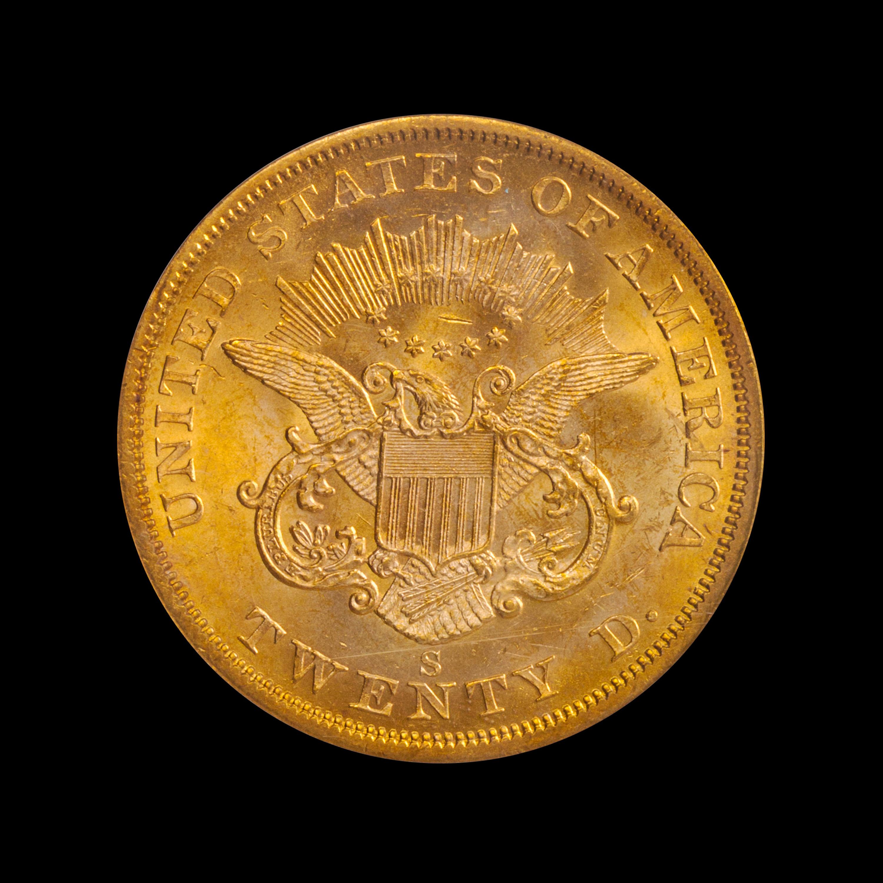 A United States 1857-S Liberty Head $20 Gold Coin