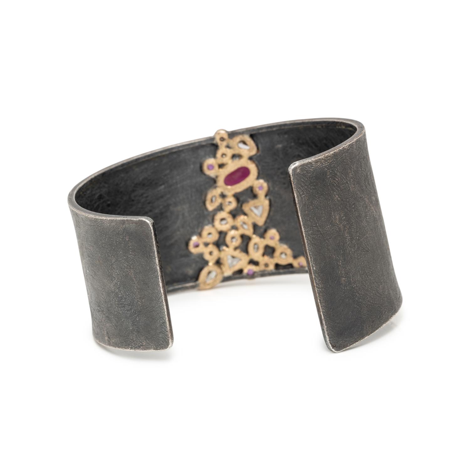 TODD REED, HAND FORGED STERLING SILVER AND YELLOW GOLD MULTIGEM CUFF BRACELET