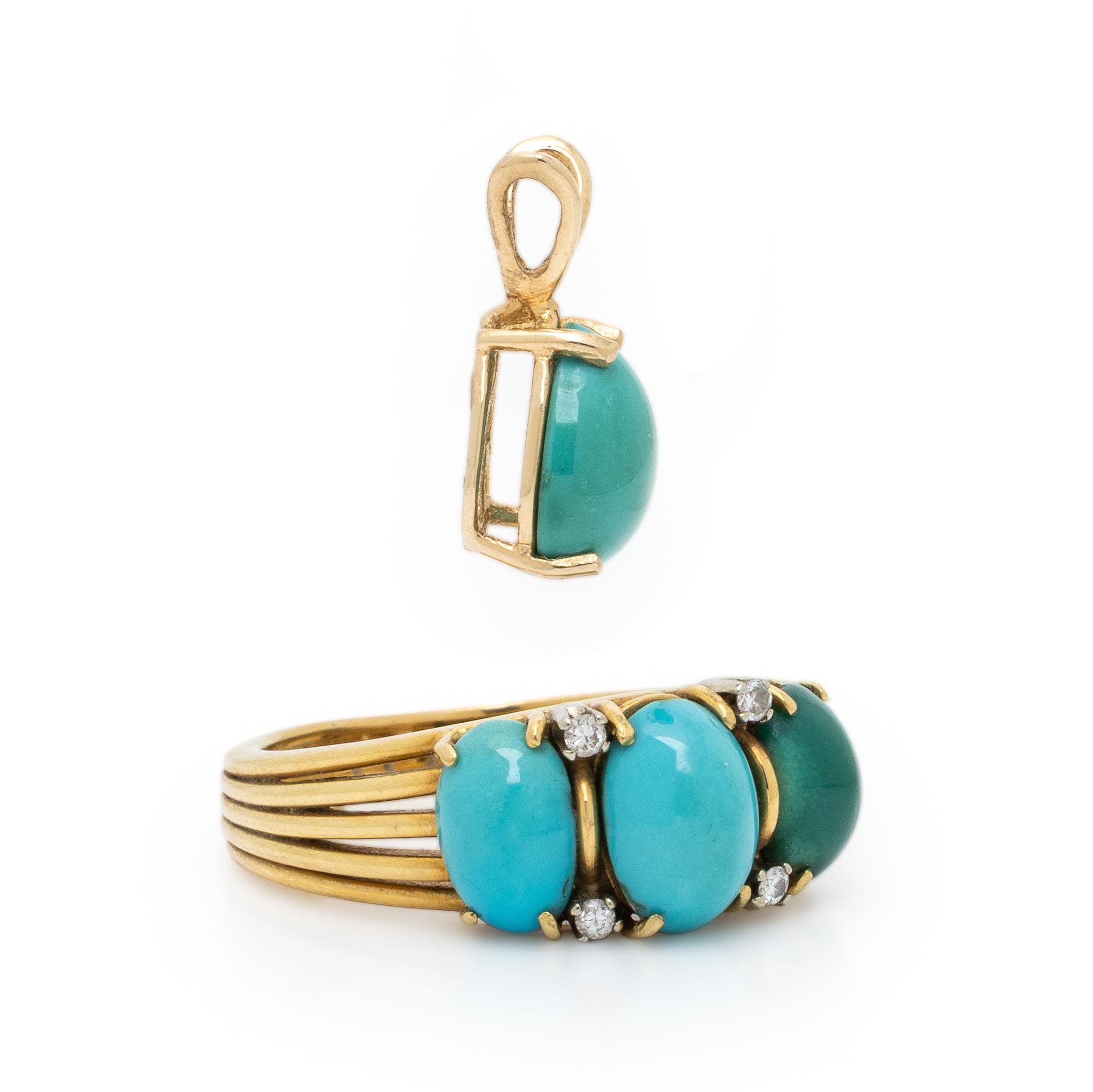 Tiffany and Co., Turquoise, Diamond, and Yellow Gold Ring with Unsigned Turquoise Pendant