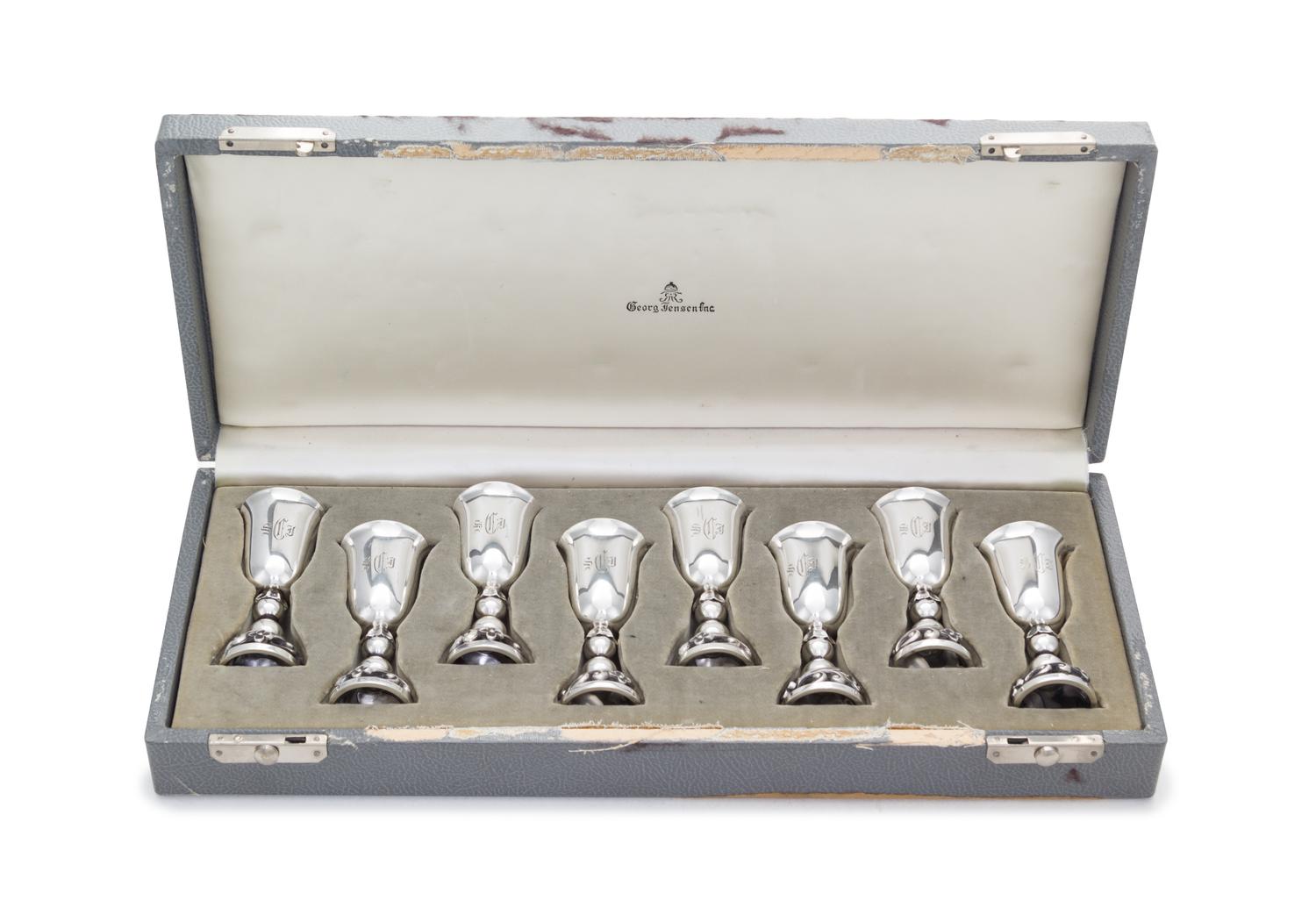 A Set of Eight American Silver Cordials, Alphonse LaPaglia for International Silver Co., Meriden, CT, Circa 1950, with etched monogram