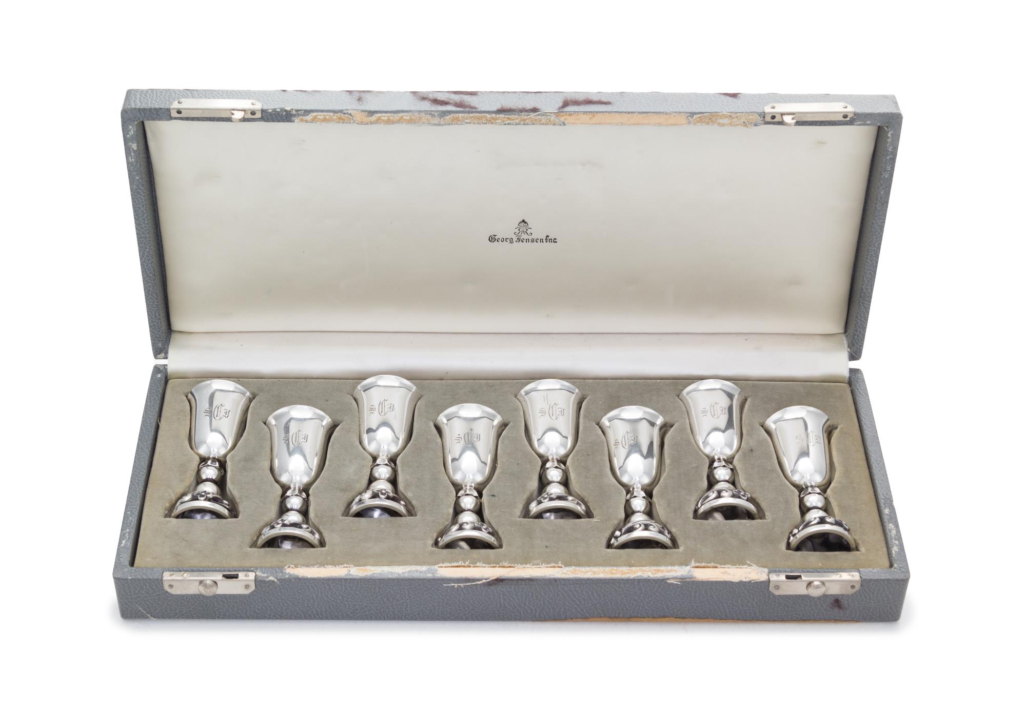 A Set of Eight American Silver Cordials, Alphonse LaPaglia for International Silver Co., Meriden, CT, Circa 1950, with etched monogram